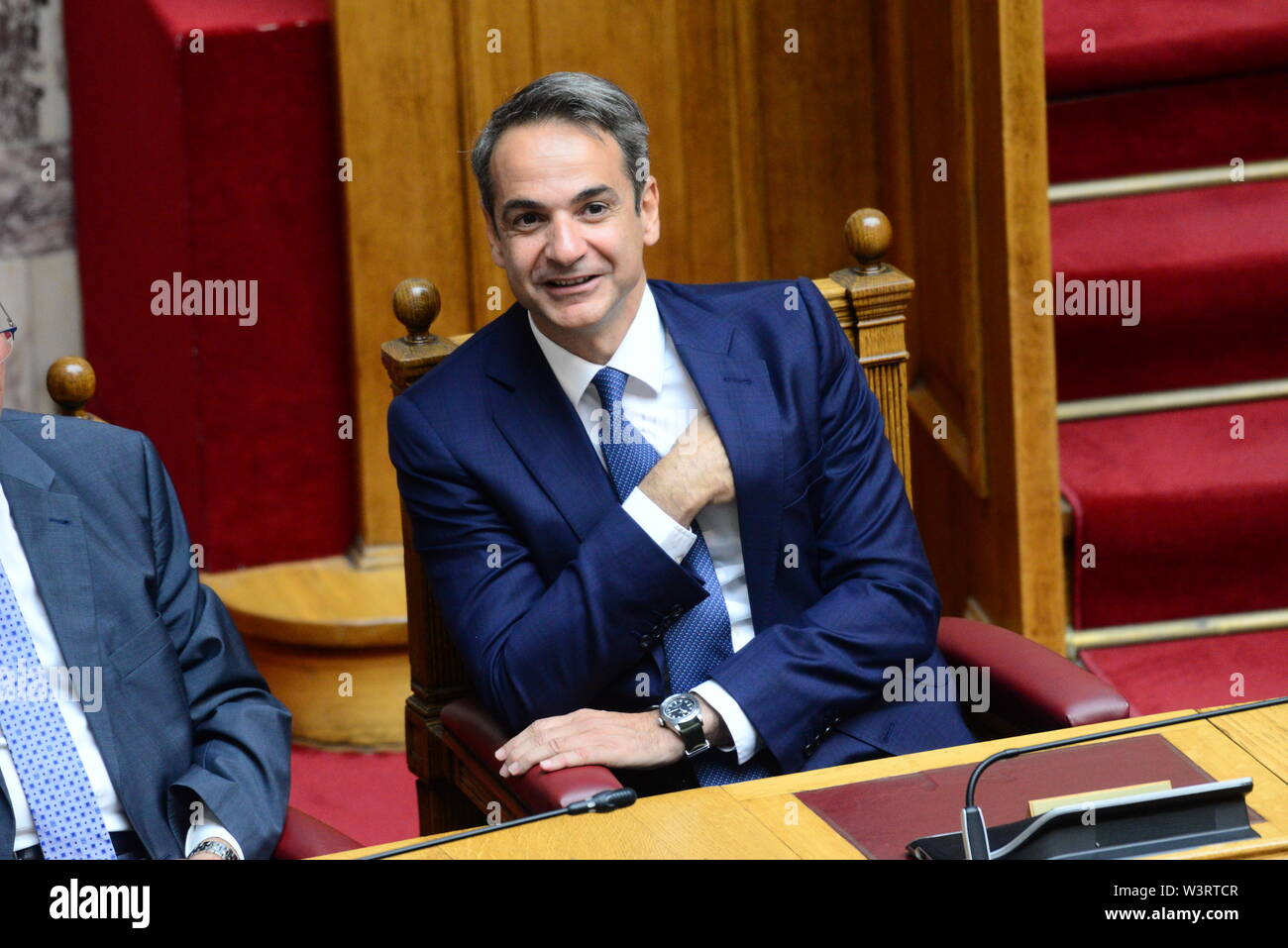 Athen, Griechenland. 17. Juli, 2019. Der griechische Premierminister Kyriakos Mitsotakis im griechischen Parlament für den Schwur Zeremonie. Credit: Dimitrios Karvountzis/Pacific Press/Alamy leben Nachrichten Stockfoto