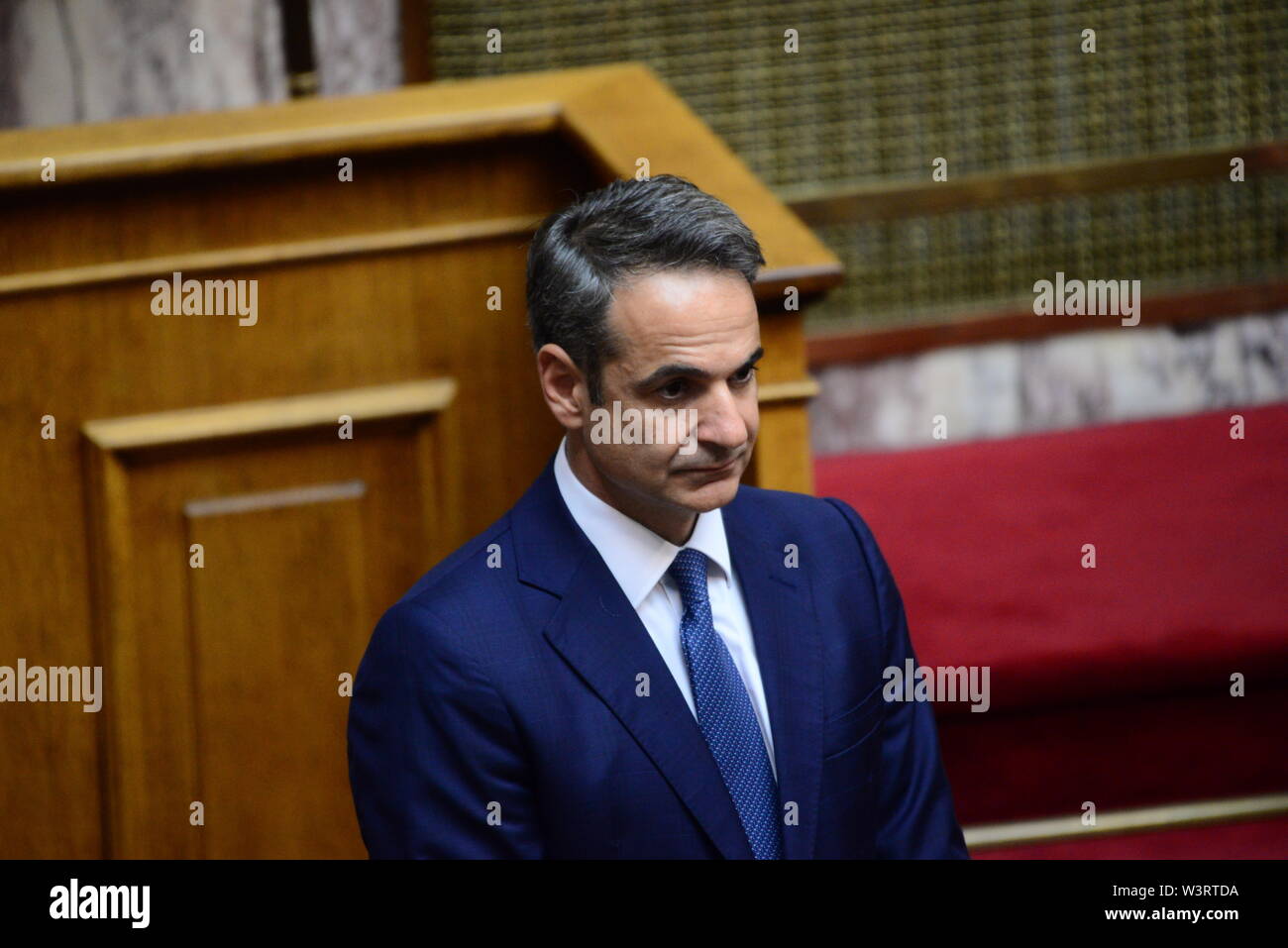 Athen, Griechenland. 17. Juli, 2019. Der griechische Premierminister Kyriakos Mitsotakis im griechischen Parlament für den Schwur Zeremonie. Credit: Dimitrios Karvountzis/Pacific Press/Alamy leben Nachrichten Stockfoto