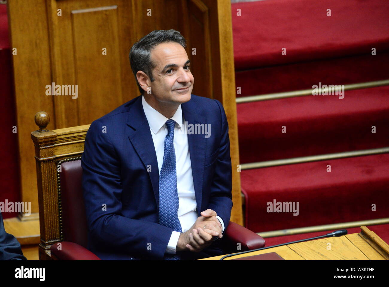 Athen, Griechenland. 17. Juli, 2019. Der griechische Premierminister Kyriakos Mitsotakis im griechischen Parlament für den Schwur Zeremonie. Credit: Dimitrios Karvountzis/Pacific Press/Alamy leben Nachrichten Stockfoto