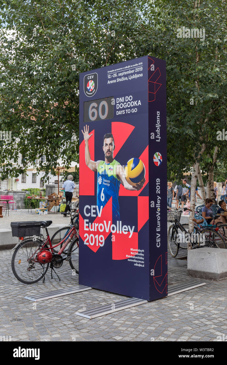 Zählen Sie die Tage bis zum 2019 CEV Volleyball Europameisterschaft, Ljubljana, Slowenien Stockfoto