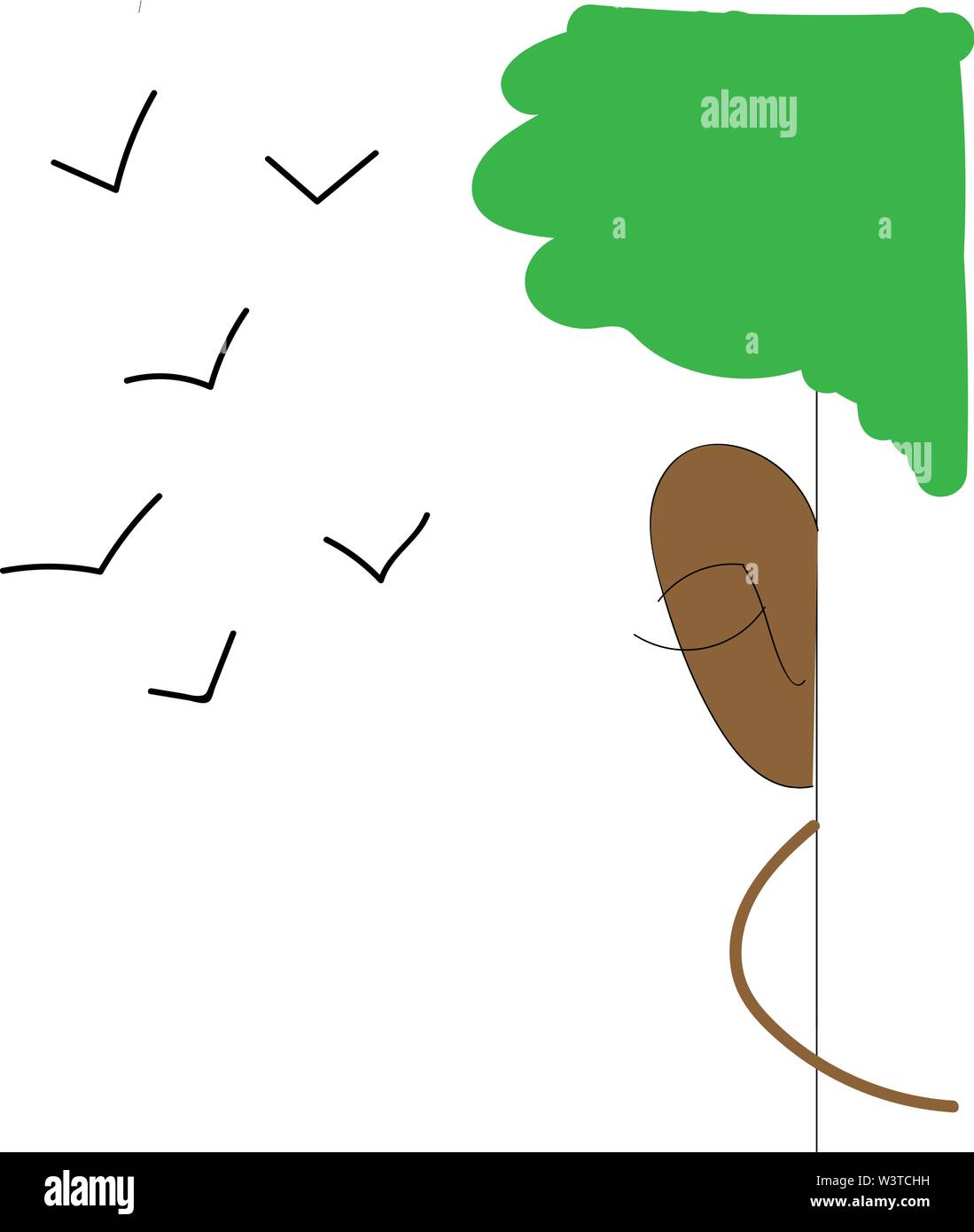 Eine braun gefärbte Mann hinter einem Baum mit grünen Blättern und sechs Vögel im weißen Himmel, Cartoon, Vector, Farbe, Zeichnung oder Abbildung. Stock Vektor