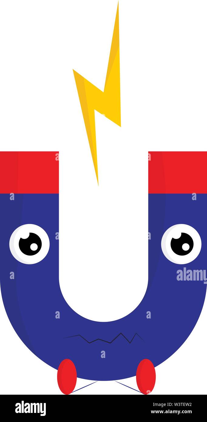 Eine Karikatur eines blauen Magnet mit einem gelben Blitz, Vector, Farbe, Zeichnung oder Abbildung. Stock Vektor