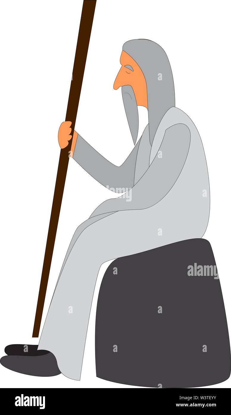Ein Mönch mit einem grauen langen Bart und ein graues Haar mit einem langen Holzstab auf einem Stein saß, Vector, Farbe, Zeichnung oder Abbildung. Stock Vektor