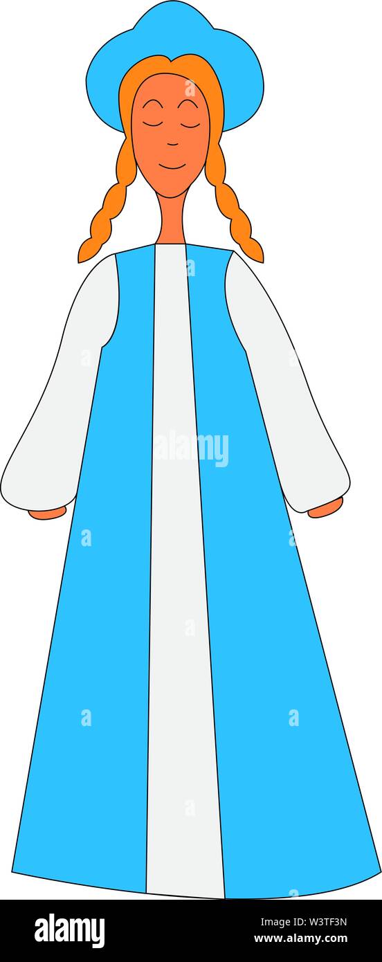 Ein glückliches Mädchen mit einem blauen und weißen Tracht mit einem blauen Hut, Vector, Farbe, Zeichnung oder Abbildung. Stock Vektor Ein glückliches Mädchen mit einem blauen und weißen Tracht mit einem blauen Hut, Vector, Farbe, Zeichnung oder Abbildung. Stock Vektor