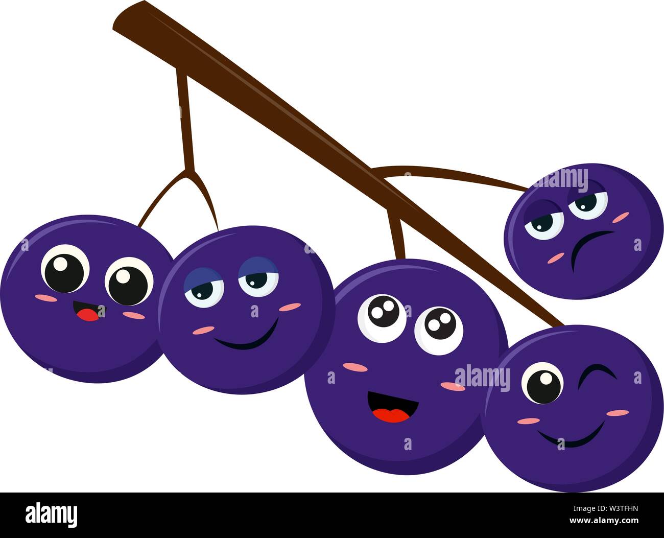 Ein Bündel von frischen Pflaumen mit verschiedenen Gesichtsausdrücken, Vector, Farbe, Zeichnung oder Abbildung. Stock Vektor