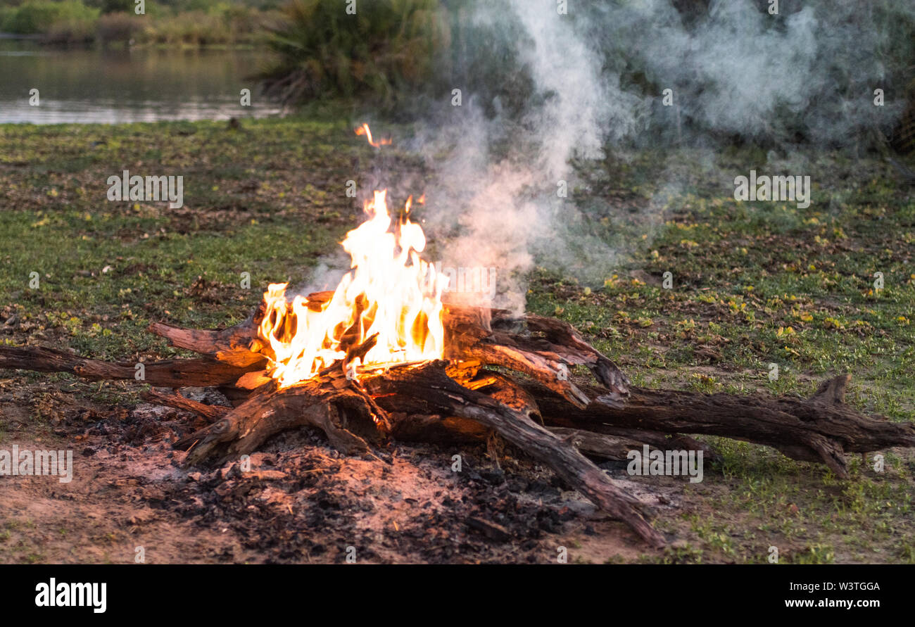 Lagerfeuer am Campingplatz in Selous Game Reserve Fliegen. Stockfoto