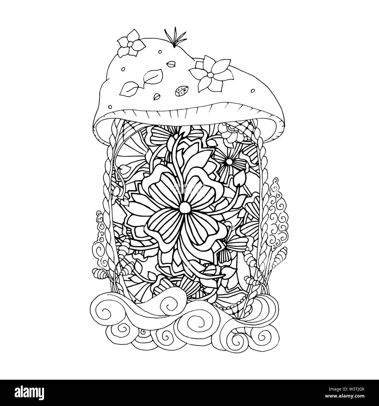 Nach Malbuch Seite. Mono Farbe Tinte schwarz Abbildung, vector Art Fairy Haus mit Ornament. Vector Illustration Stock Vektor