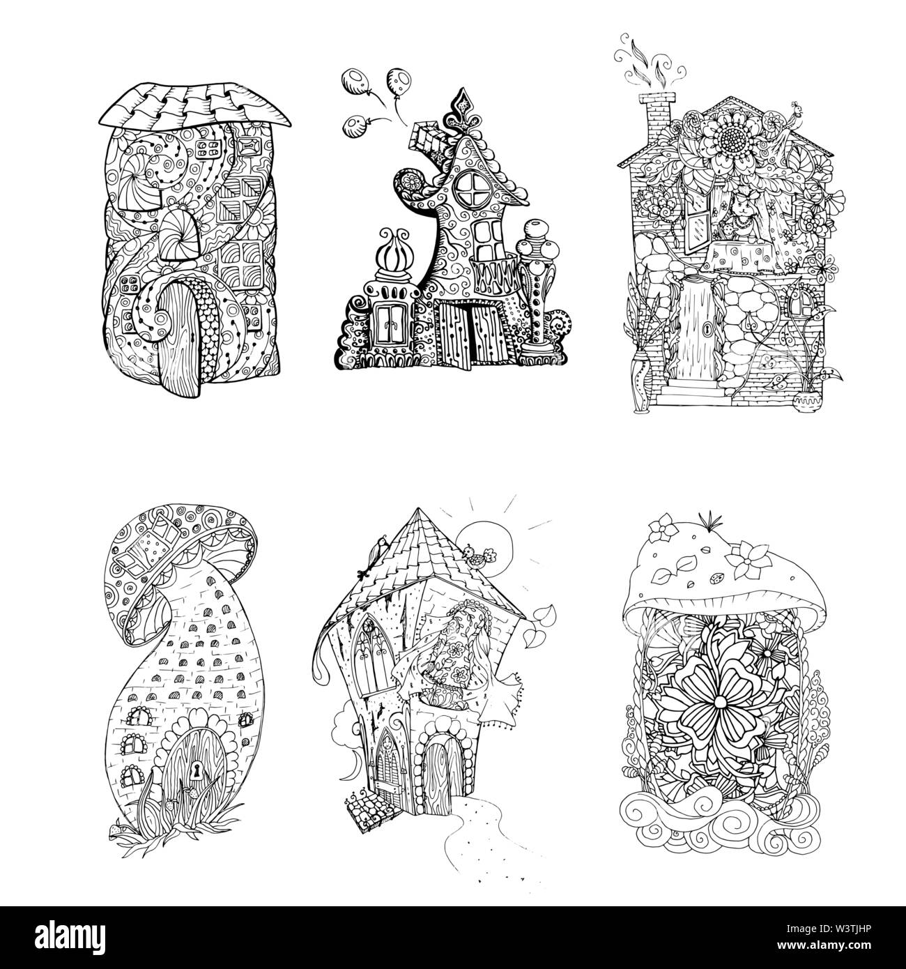 Nach Malbuch Seiten. Mono Farbe Tinte schwarz Abbildung, vector Art Fairy Häuser mit Ornament. Vector Illustration Stock Vektor