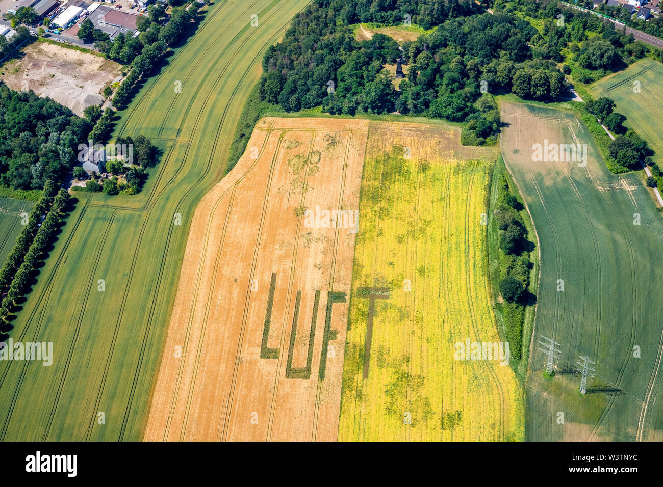 Luftbild einer Inschrift auf dem maisfeld am Mechtenberg auf der Stadt Grenze zwischen Essen und Gelsenkirchen in Gelsenkirchen im Ruhrgebiet Stockfoto