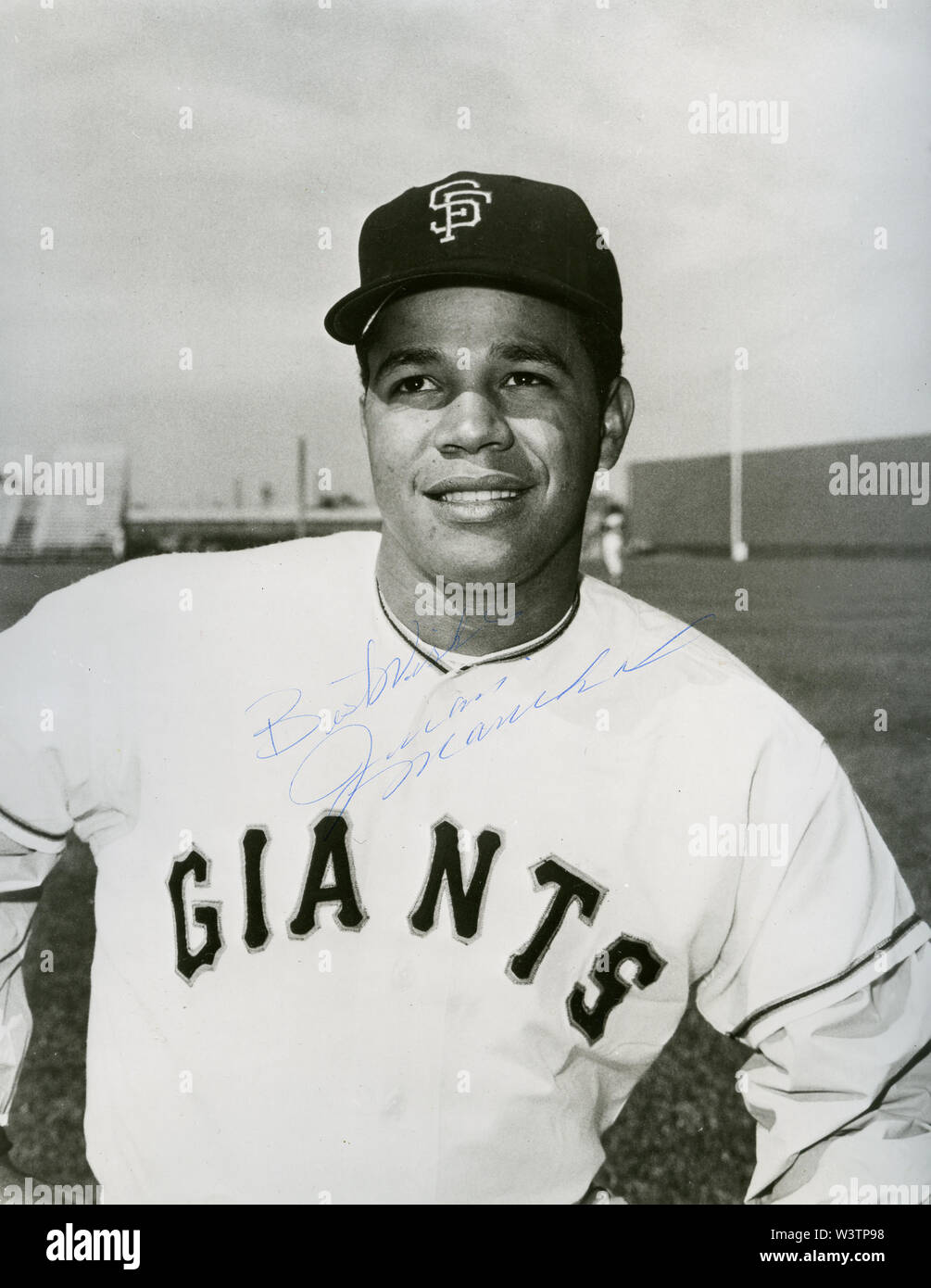Autographiertes Foto von Juan Marichal Sternkrug mit den San Francisco Giants Baseball Team in den 60er Jahren. Stockfoto