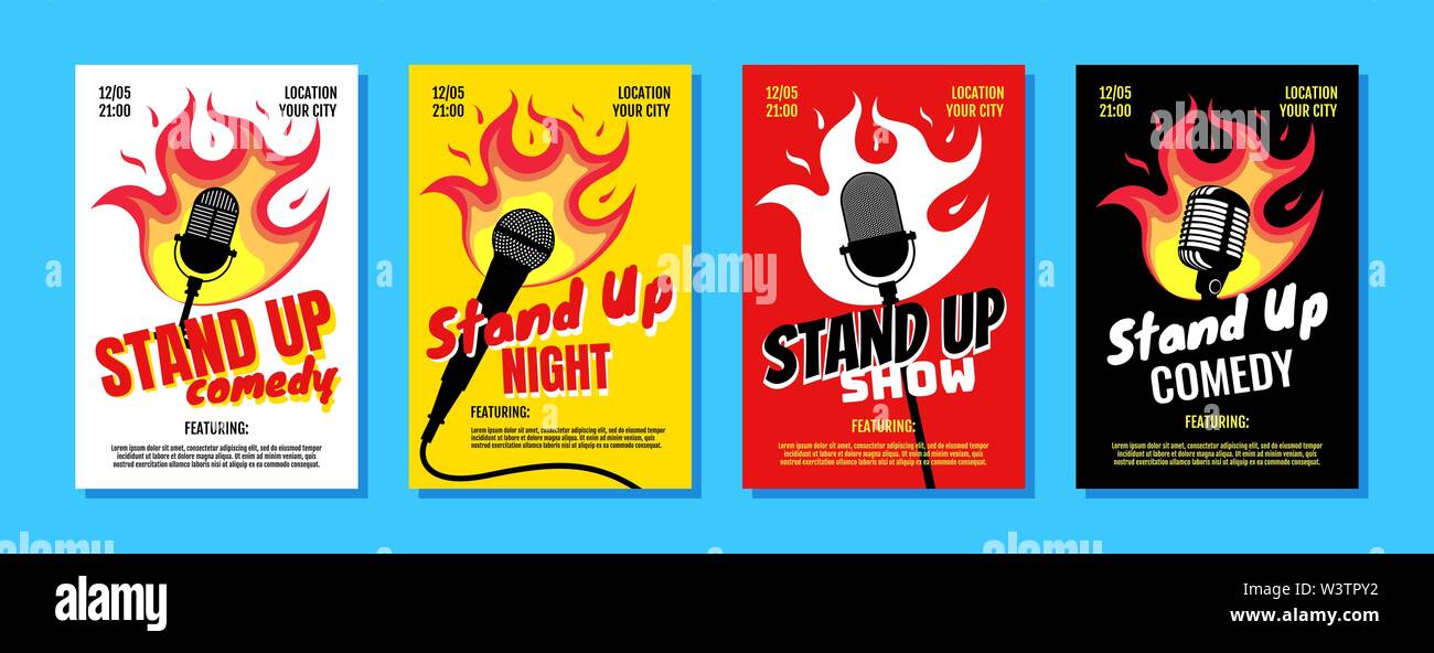 Stand up Comedy Night Live Show A3 A4 Poster design Vorlage festlegen. Retro Mikrofon mit Feuer auf weiß gelb rot schwarz hintergrund. Hot Witze Rösten Stock Vektor