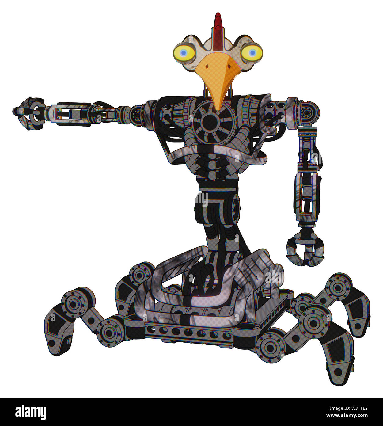 Roboter, die Elemente enthalten: Vogel Schädel Kopf, große gelbe Augen, Huhn Design, schwere obere Brust, keine Brust plating, insekt Walker Beine. Material:... Stockfoto