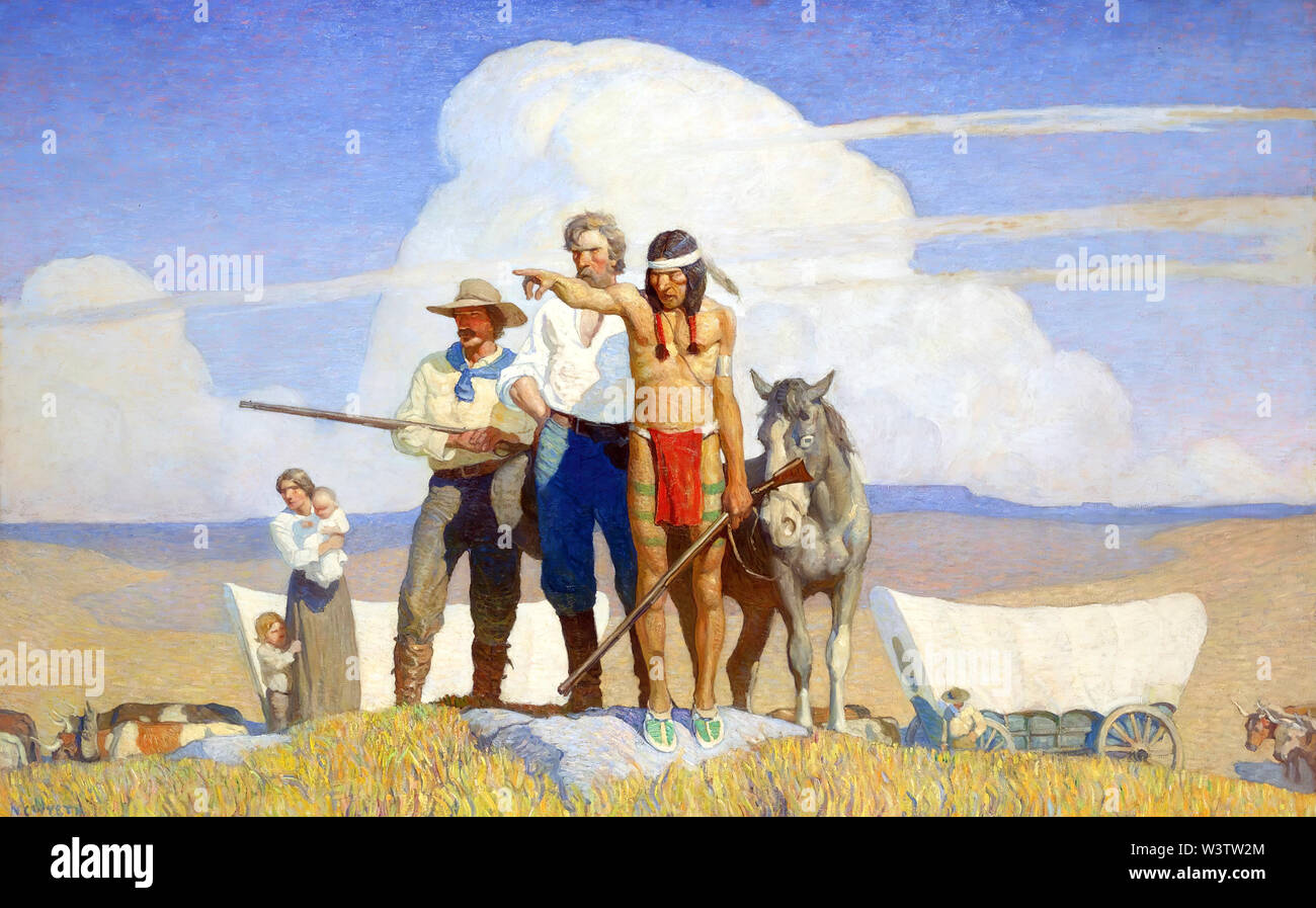 NC Wyeth Pioniere bei der Eröffnung der Prärien Stockfoto