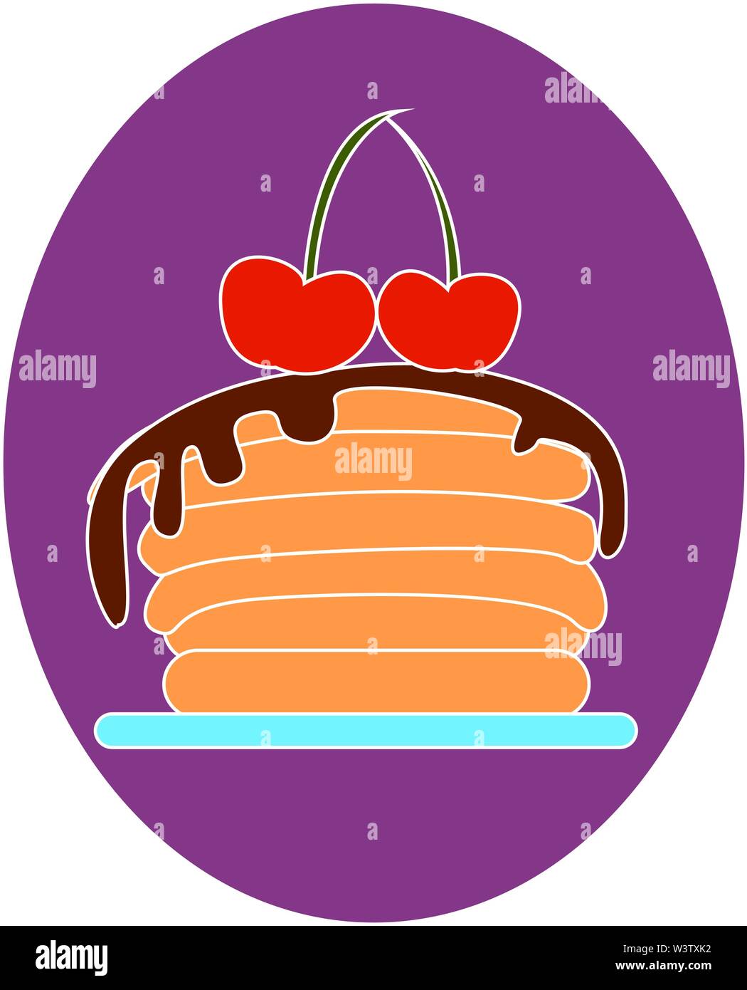 Schokolade Pfannkuchen mit Kirschen auf der Oberseite, Illustration, Vektor auf weißem Hintergrund. Stock Vektor