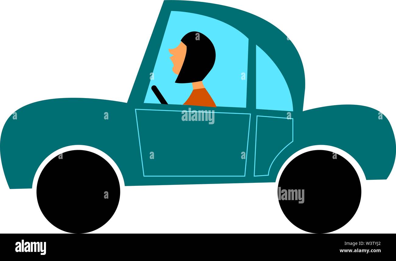 Treiber in blaues Auto, Illustration, Vektor auf weißem Hintergrund. Stock Vektor