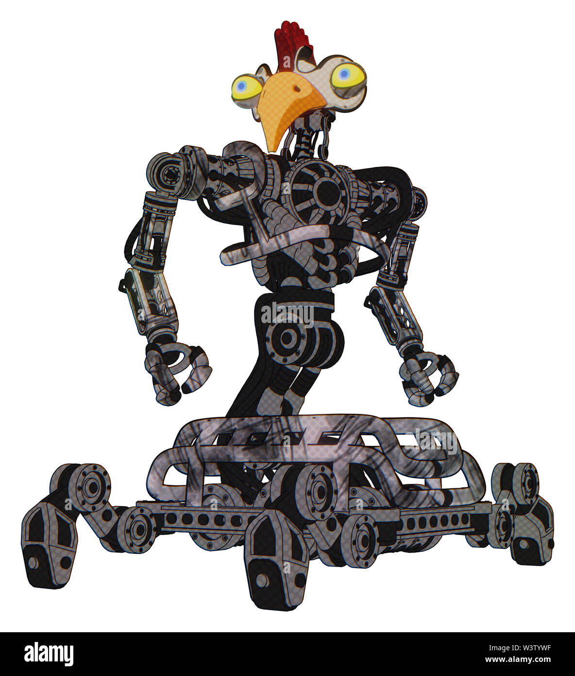 Roboter, die Elemente enthalten: Vogel Schädel Kopf, große gelbe Augen, Huhn Design, schwere obere Brust, keine Brust plating, insekt Walker Beine. Material:... Stockfoto