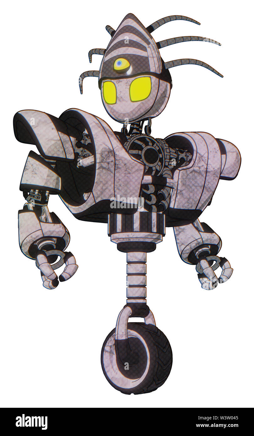 Automat mit Elementen: grau Alien style Kopf, gelbe Augen, augapfel Kreatur Krone, schwere obere Brust, schwere mech Brust, Einrad Rad. Stockfoto