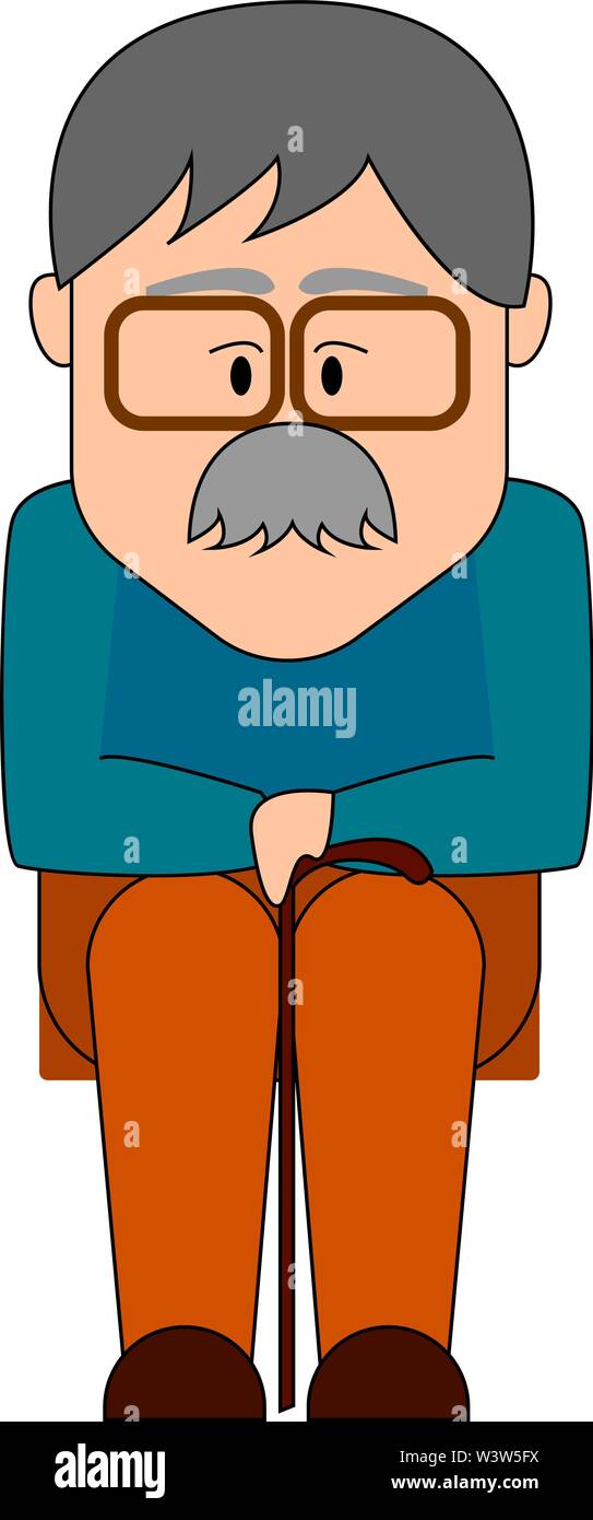 Alter Mann mit Brille sitzen, Illustration, Vektor auf weißem Hintergrund. Stock Vektor