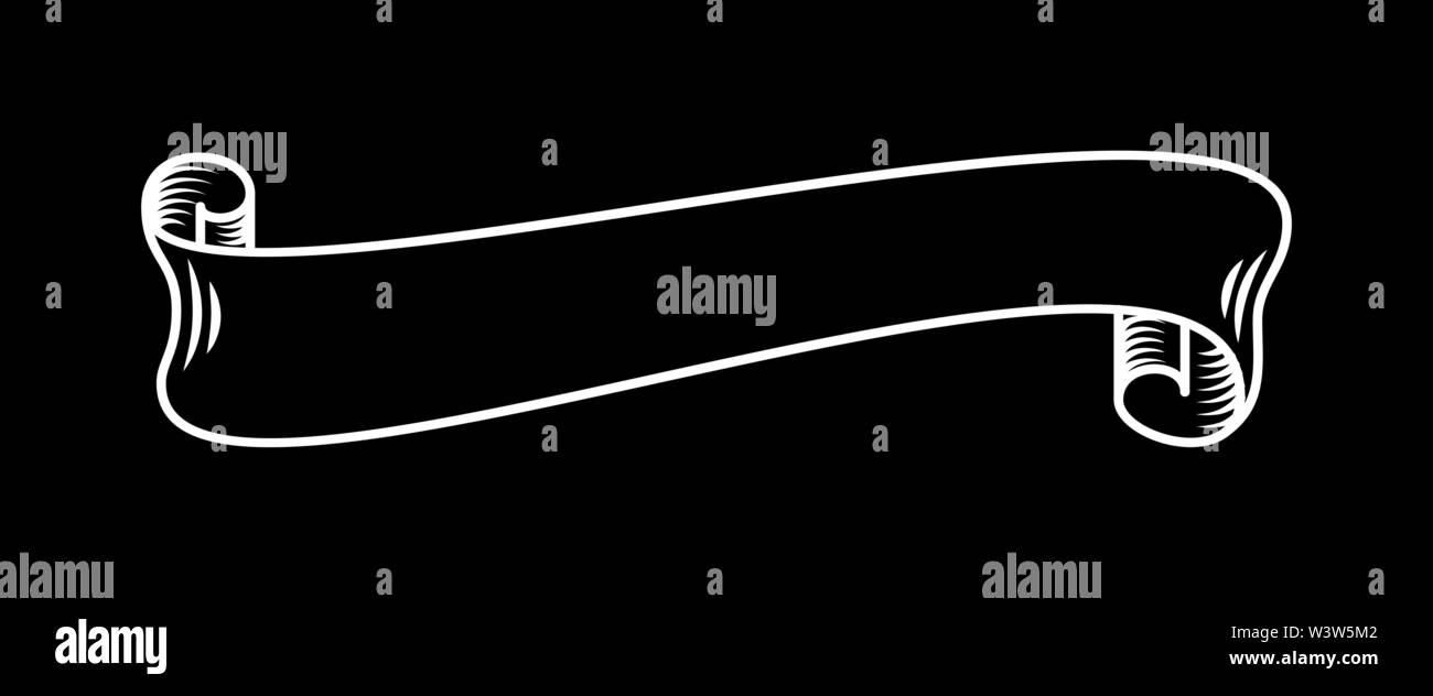 White Ribbon auf der Schwarzen, Hand gezeichnet detaillierte Vektor blättern Farbband im Umriß oder Kontur zeichnen. Einzelner isolierter Abbildung eines retro kurze Farbband im Vintage Style aus zwei Worten, dicke Linie Stock Vektor