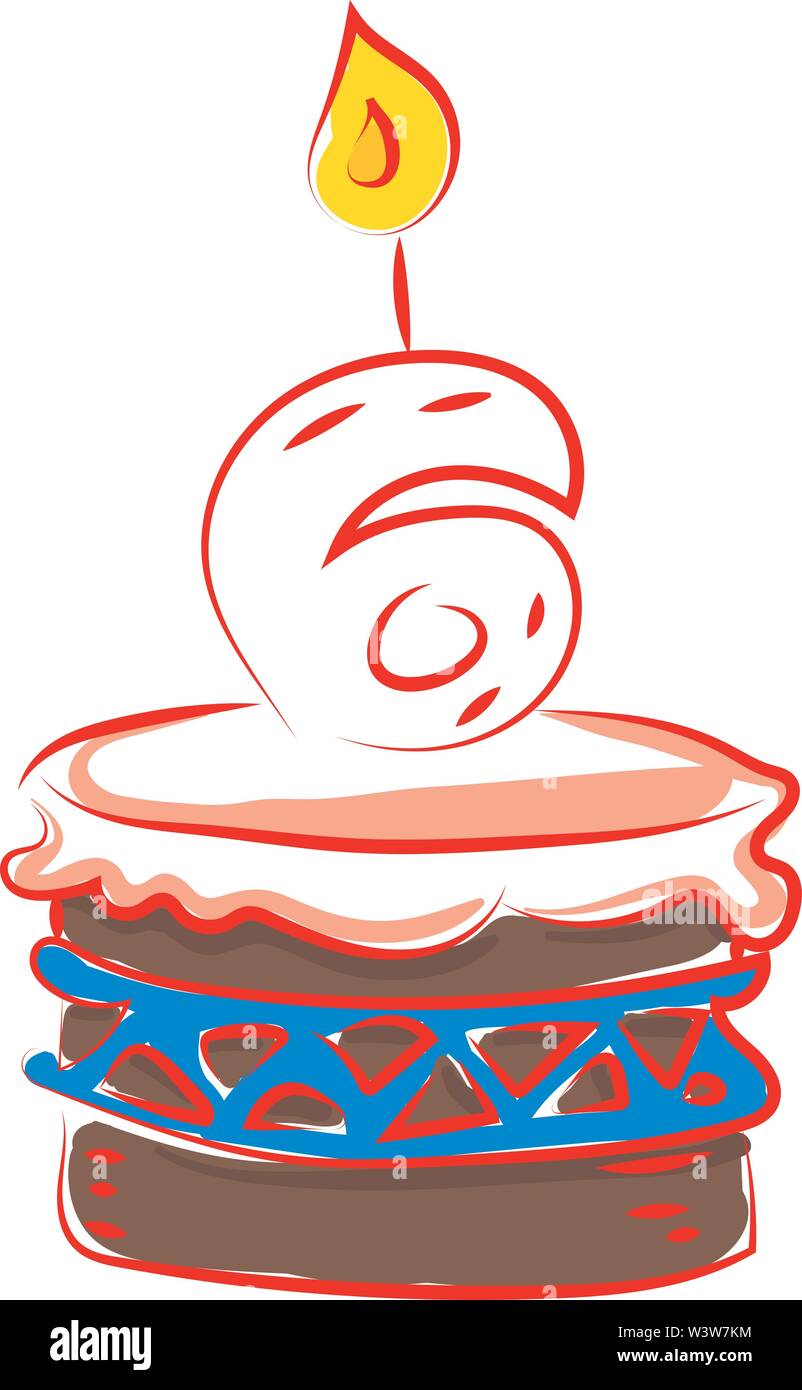 Geburtstag Kuchen mit Nummer sechs, Illustration, Vektor auf weißem Hintergrund. Stock Vektor