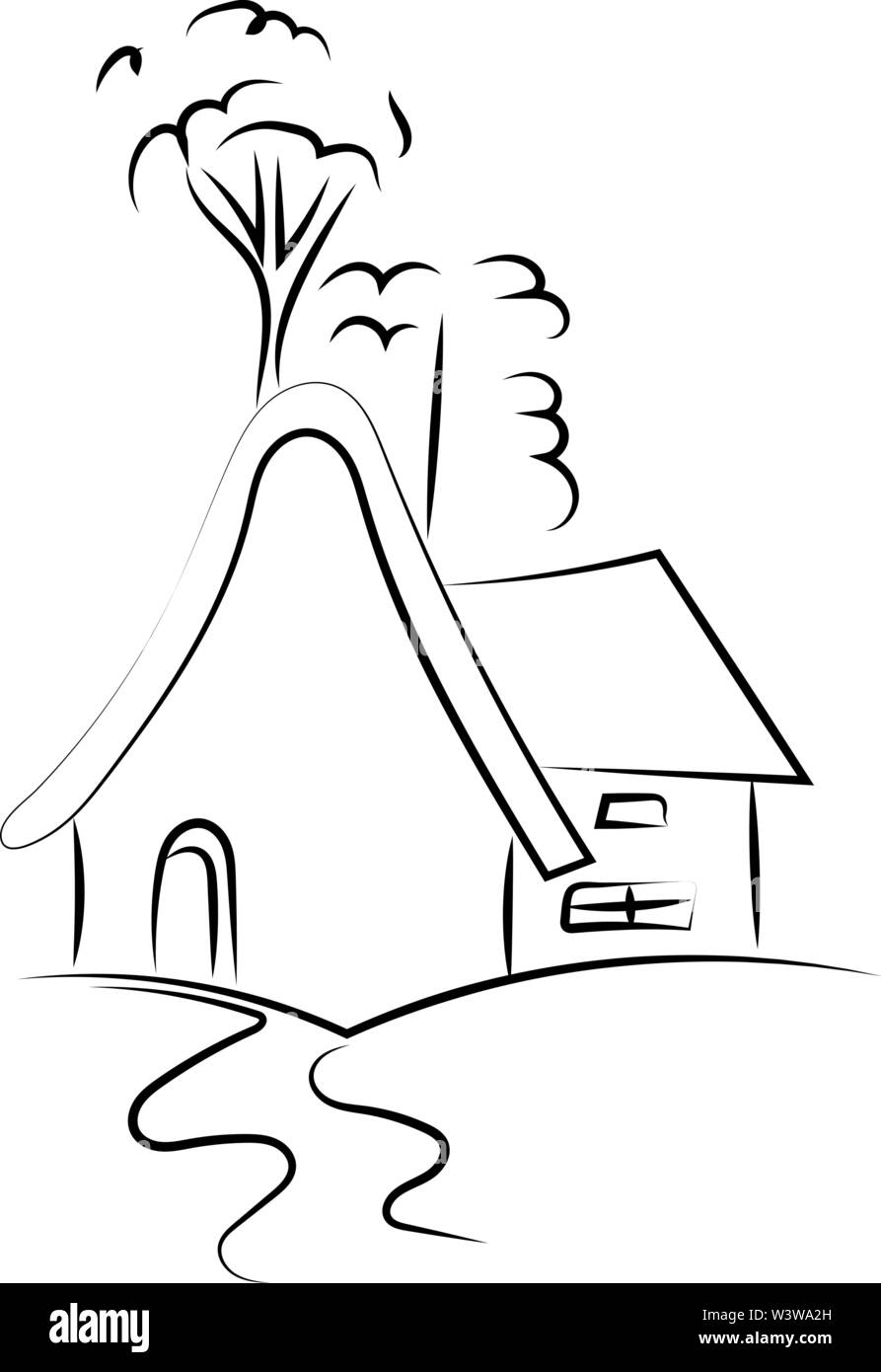 Zeichnung eines Hauses, Illustration, Vektor auf weißem Hintergrund. Stock Vektor