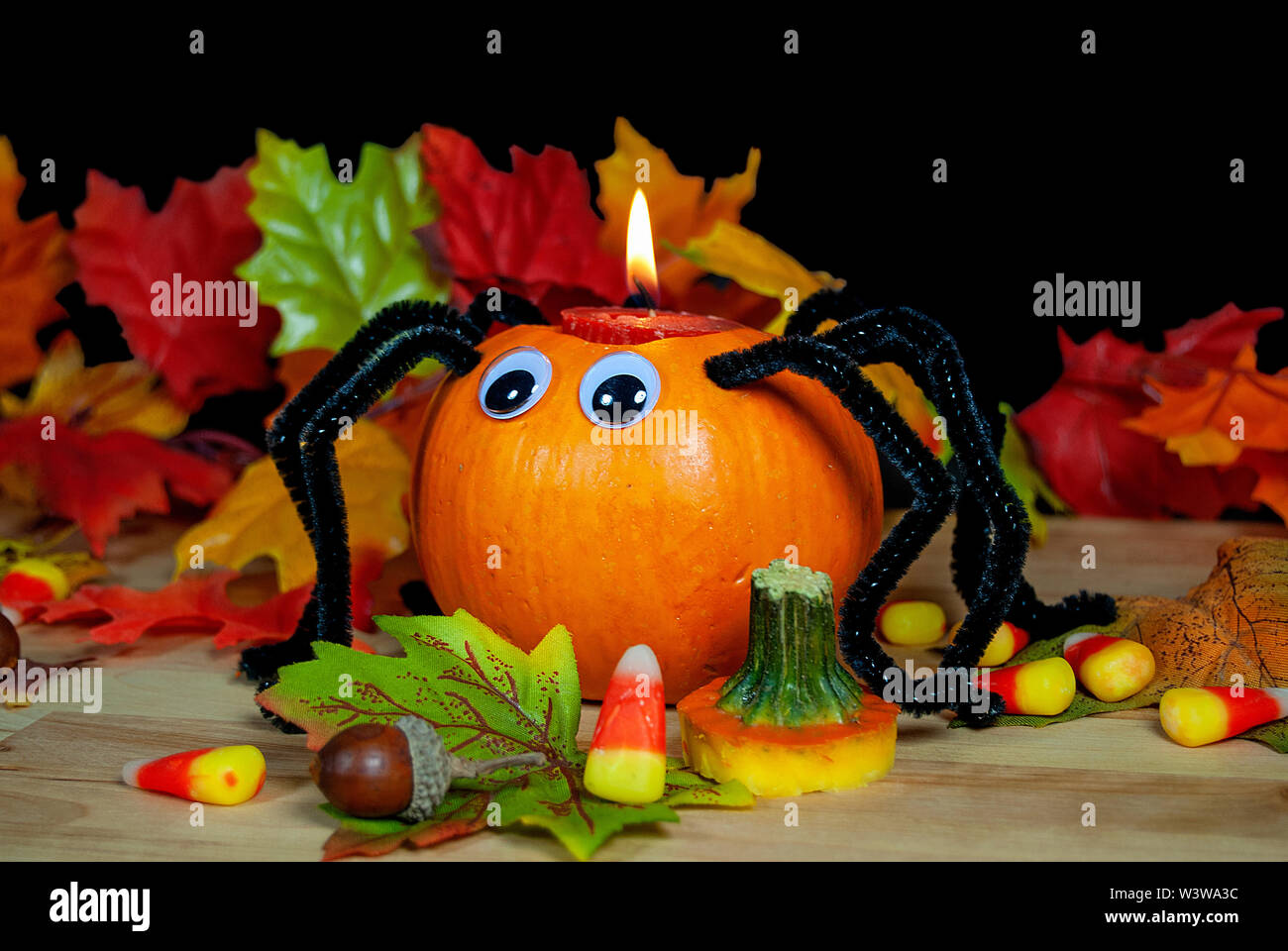 Halloween Kürbis spider Kerze mit Candy corn und Eicheln im Herbst Blätter Stockfoto