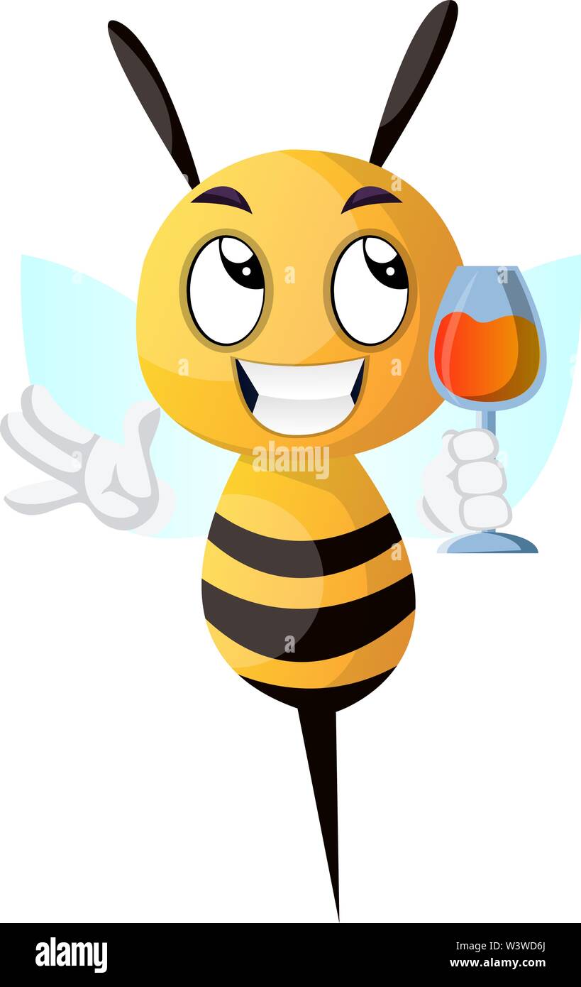 Biene Holding ein Getränk, Biene, Wein trinken, Illustration, Vektor auf weißem Hintergrund. Stock Vektor