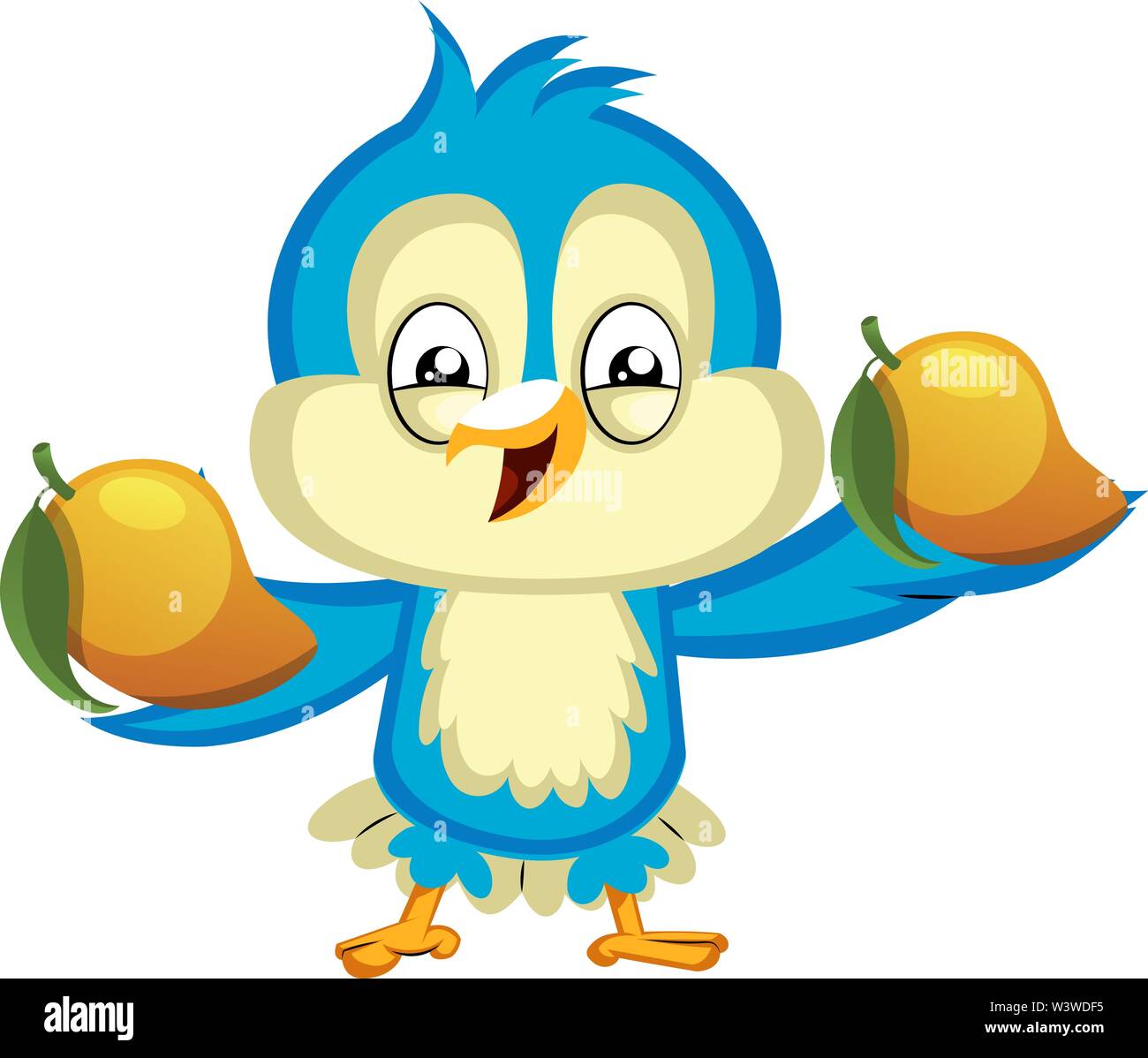 Blue Bird hält eine gelbe Früchte, Illustration, Vektor auf weißem Hintergrund. Stock Vektor