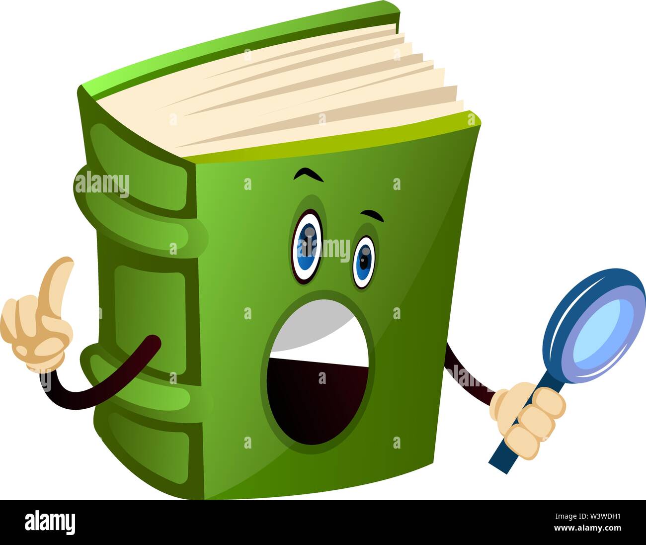 Cartoon buch Charakter wird durch die Lupe, Illustration, Vektor auf weißem Hintergrund. Stock Vektor