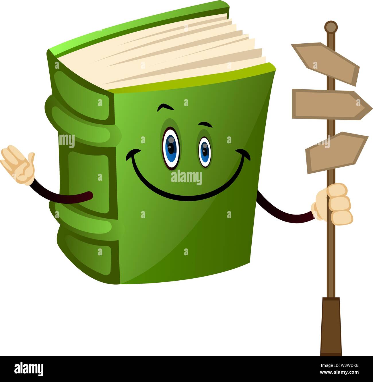 Cartoon buch Charakter mit Straße Richtung Schilder, Illustration, Vektor auf weißem Hintergrund. Stock Vektor