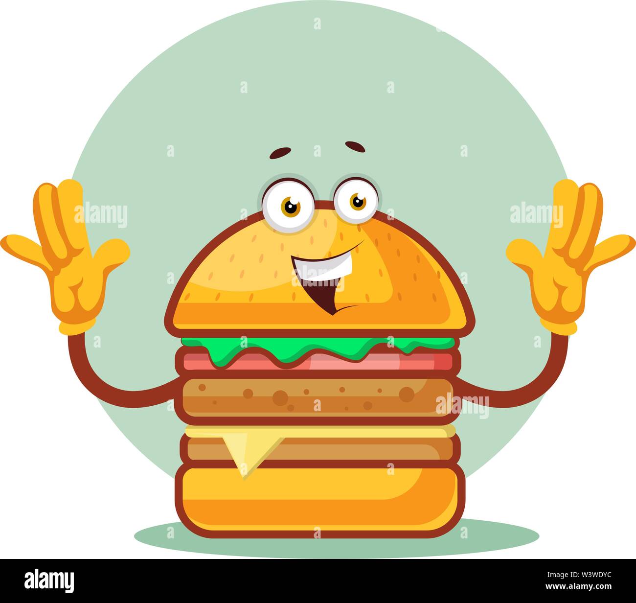 Burger hält beide Hände hoch, Illustration, Vektor auf weißem Hintergrund. Stock Vektor