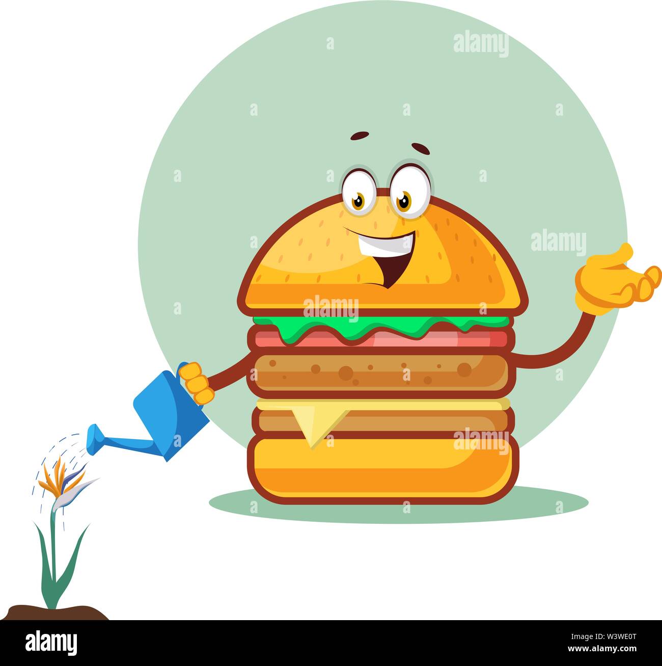 Burger ist die Bewässerung der Blumen, Illustration, Vektor auf weißem Hintergrund. Stock Vektor