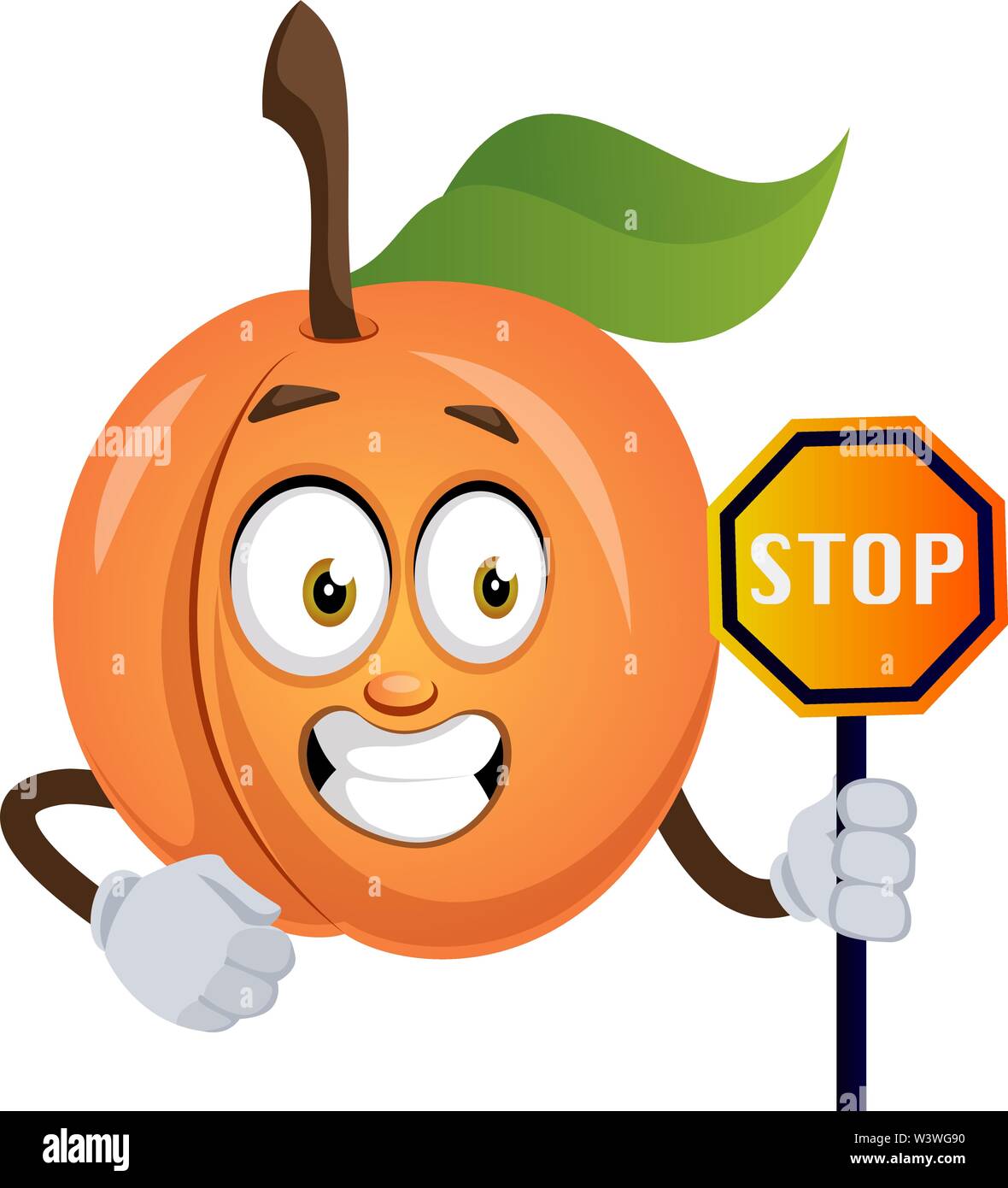Apricot mit STOP-Schild, Illustration, Vektor auf weißem Hintergrund. Stock Vektor