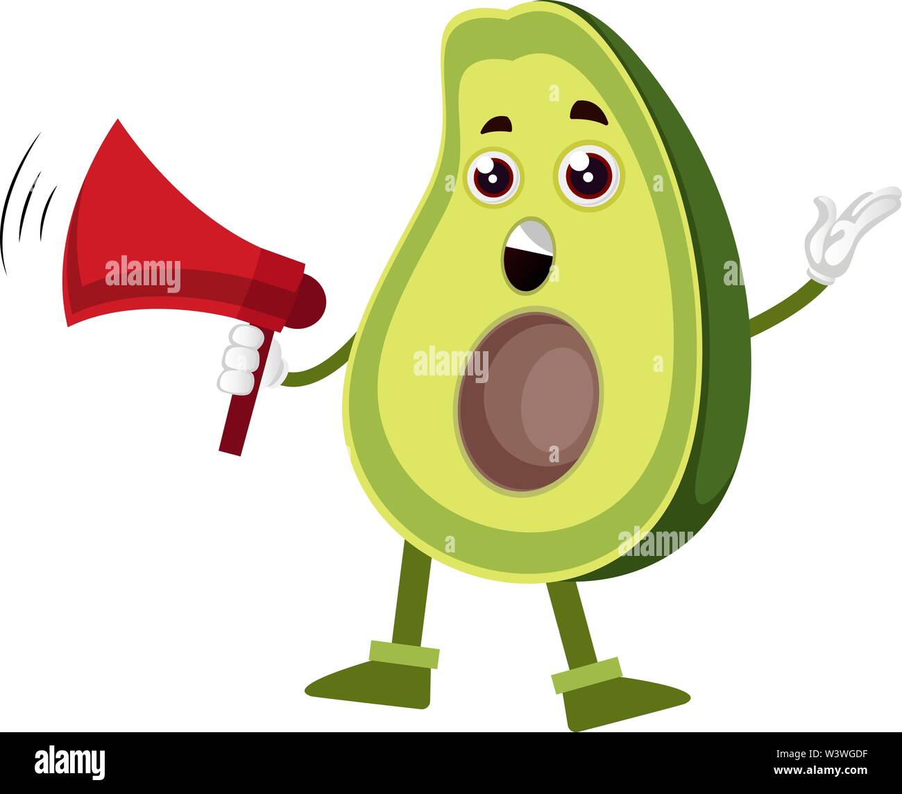 Avocado holding Megaphon, Illustration, Vektor auf weißem Hintergrund. Stock Vektor