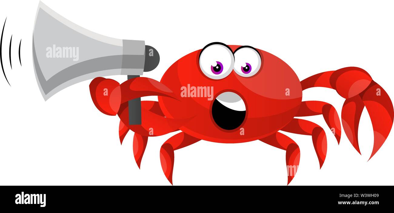 Krabbe holding Megaphon, Illustration, Vektor auf weißem Hintergrund. Stock Vektor