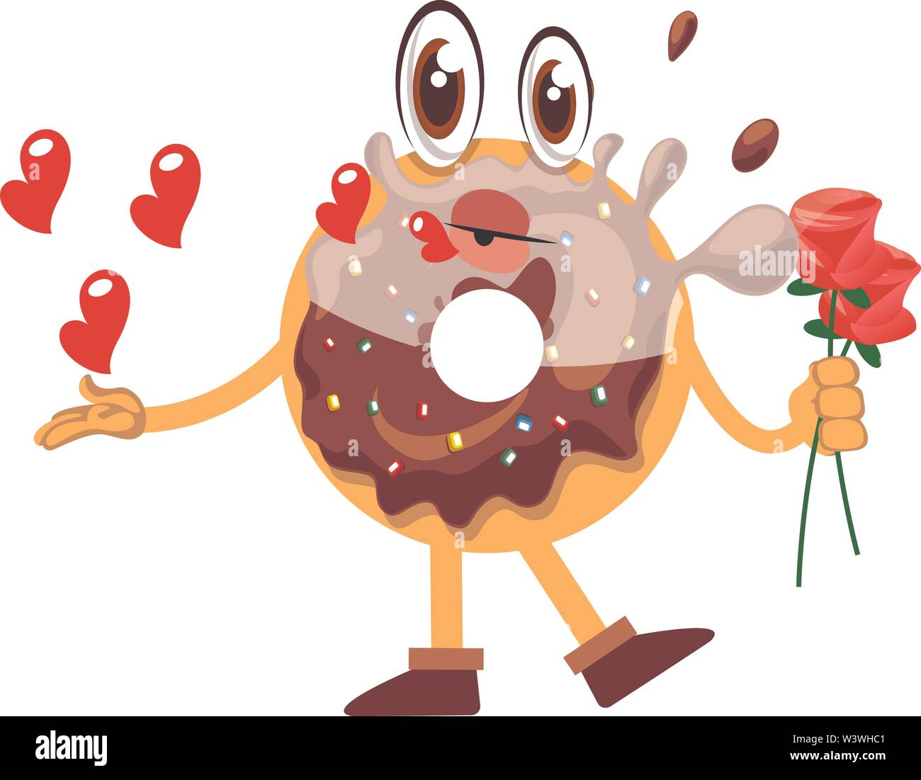 Donut holding Rosen, Illustration, Vektor auf weißem Hintergrund. Stock Vektor