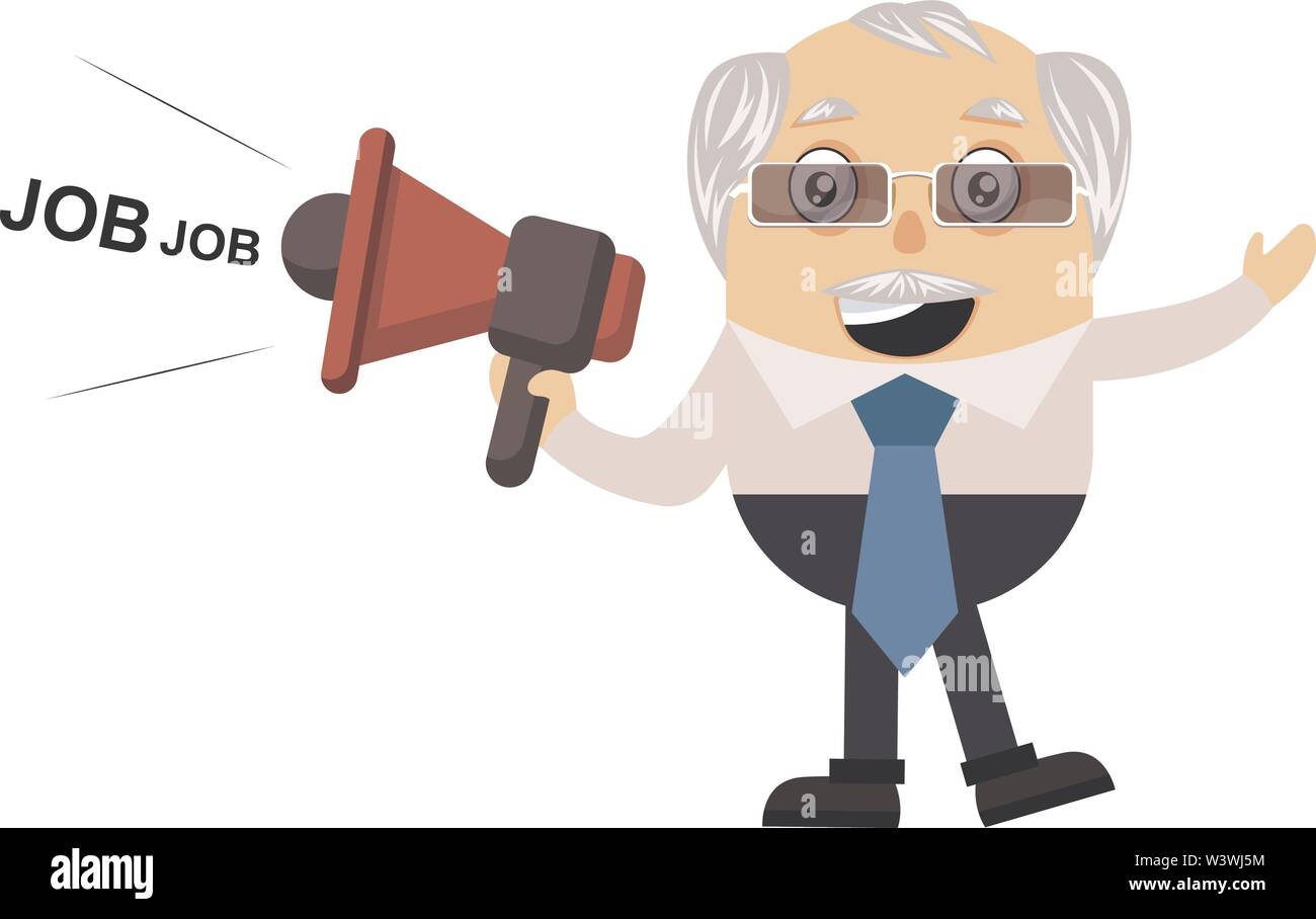 Alter Mann mit Megaphon, Illustration, Vektor auf weißem Hintergrund. Stock Vektor