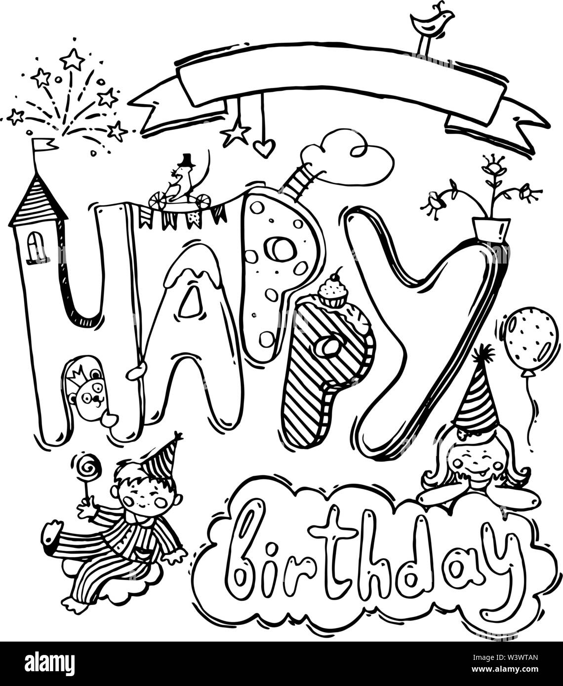 Line Art vector handgezeichnete Doodle cartoon Reihe von festlichen Objekte und Symbole von "Happy Birthday". Leer für Karten, Einladungen, Tag. Vektor Kontur Abbildung auf weißen isoliert. Stock Vektor