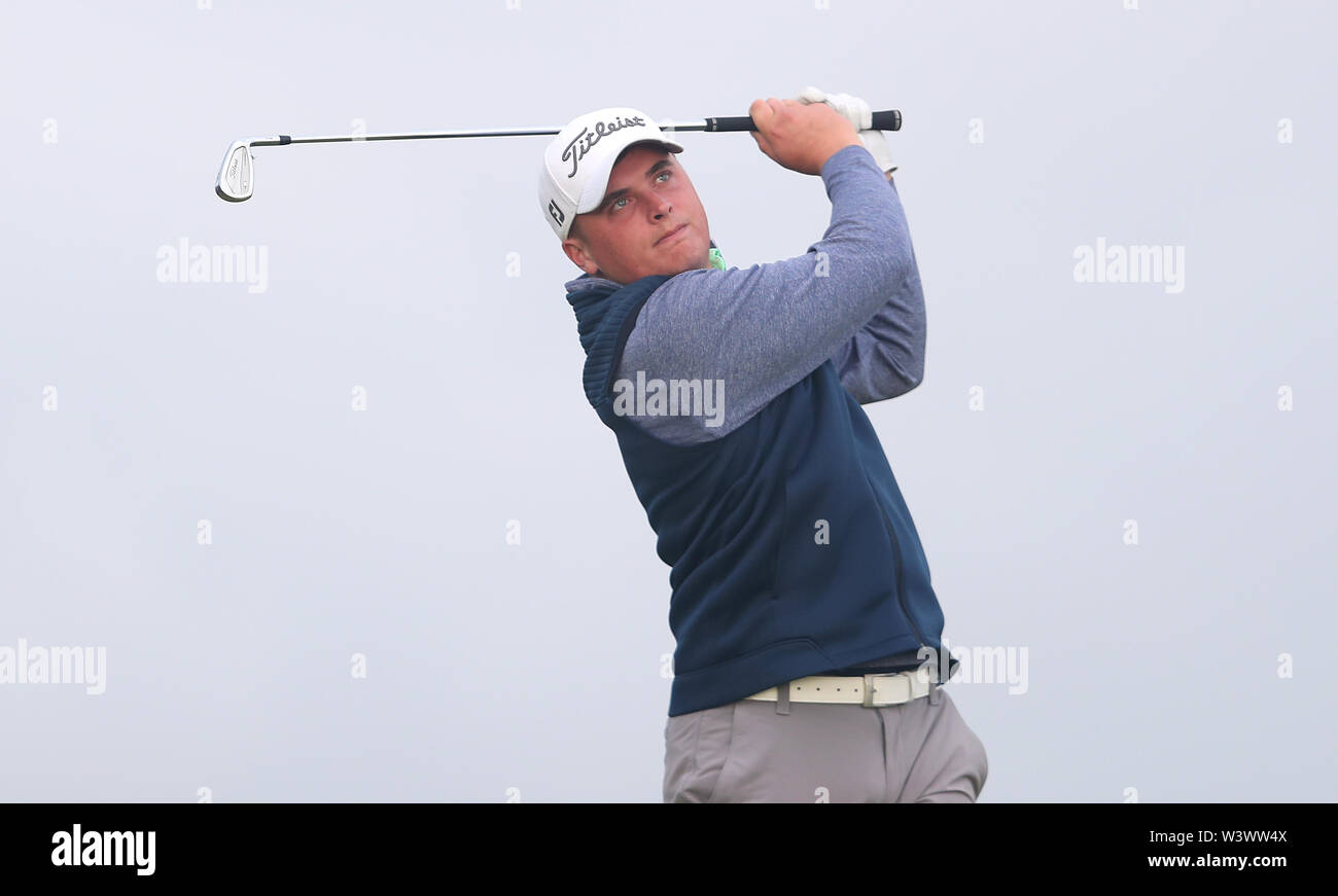 Republik Irland James Sugrue sie den 3-T-Stück am Tag eines der Open Championship 2019 im Royal Portrush Golf Club. Stockfoto