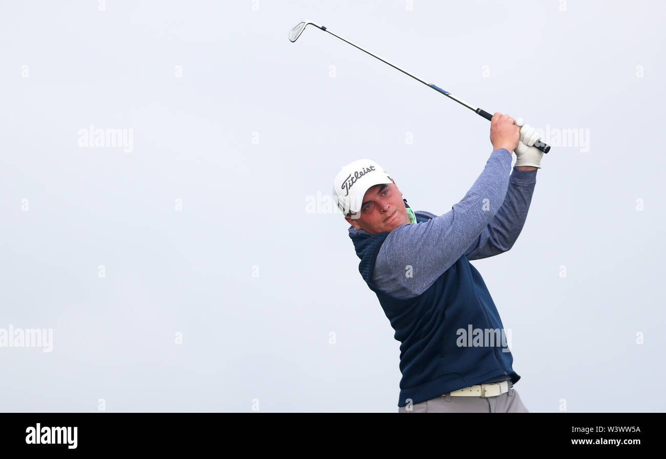 Republik Irland James Sugrue sie den 3-T-Stück am Tag eines der Open Championship 2019 im Royal Portrush Golf Club. Stockfoto