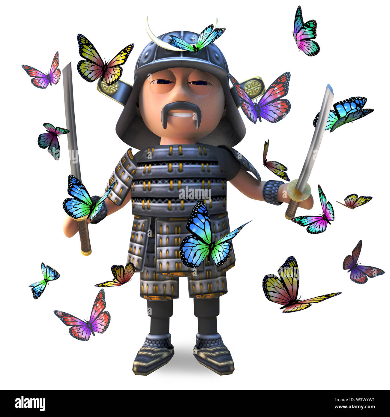Brave japanische Samurai Krieger mit Katana Schwert durch wunderschöne Schmetterlinge, 3d-Grafik rendern umgeben Stockfoto