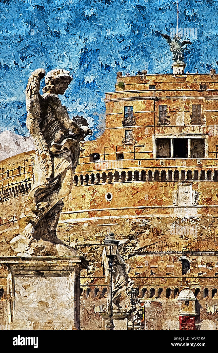 Einen unglaublichen Blick in Schwarz und Weiß der berühmten Mausoleum des Hadrian, in der Ewigen Stadt Rom, Italien. Stockfoto