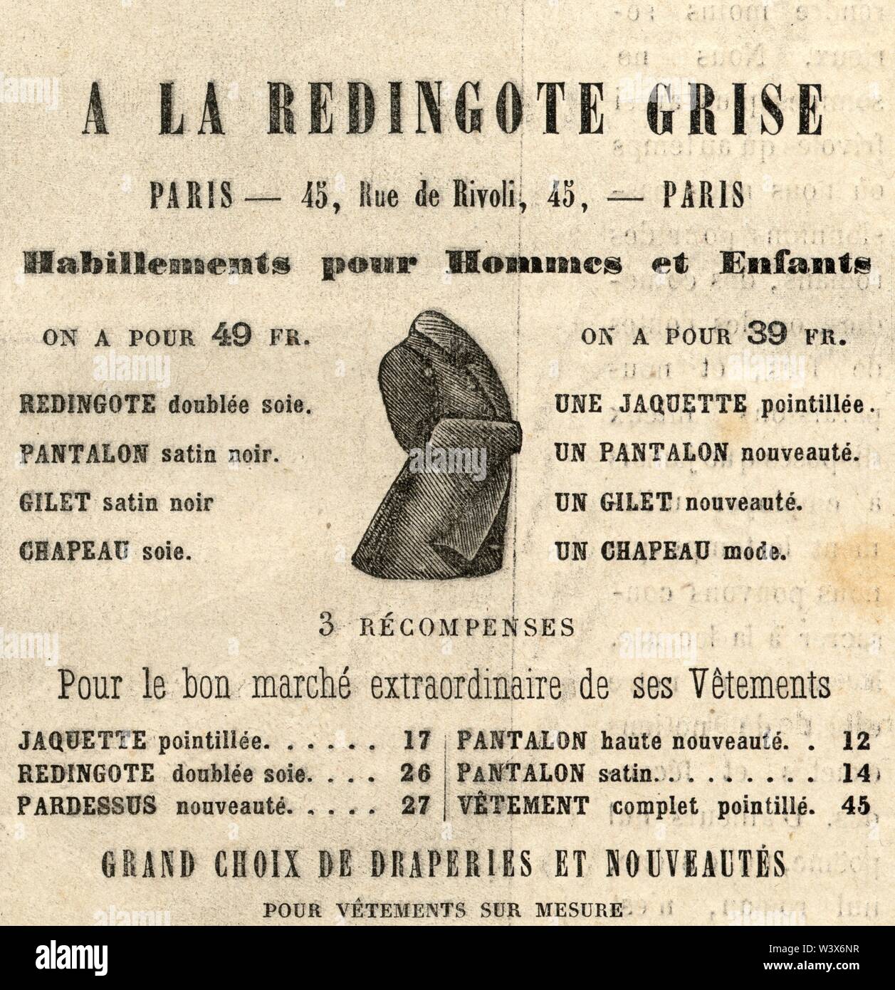 Publicité ancienne. 1871. à la redingote grise Stockfoto