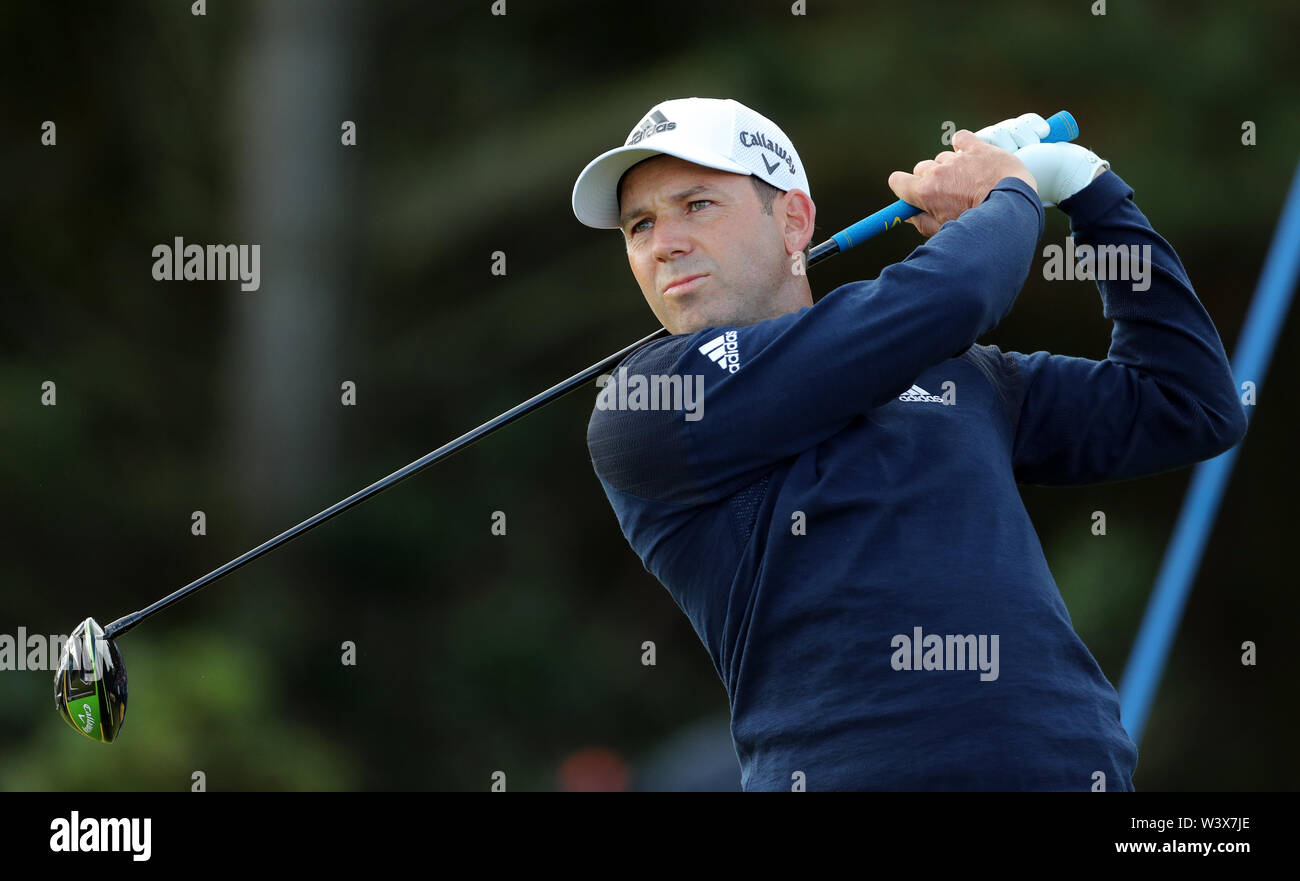 Der Spanier Sergio Garcia T-Stücken aus dem 5. Tag eines der Open Championship 2019 im Royal Portrush Golf Club. Stockfoto