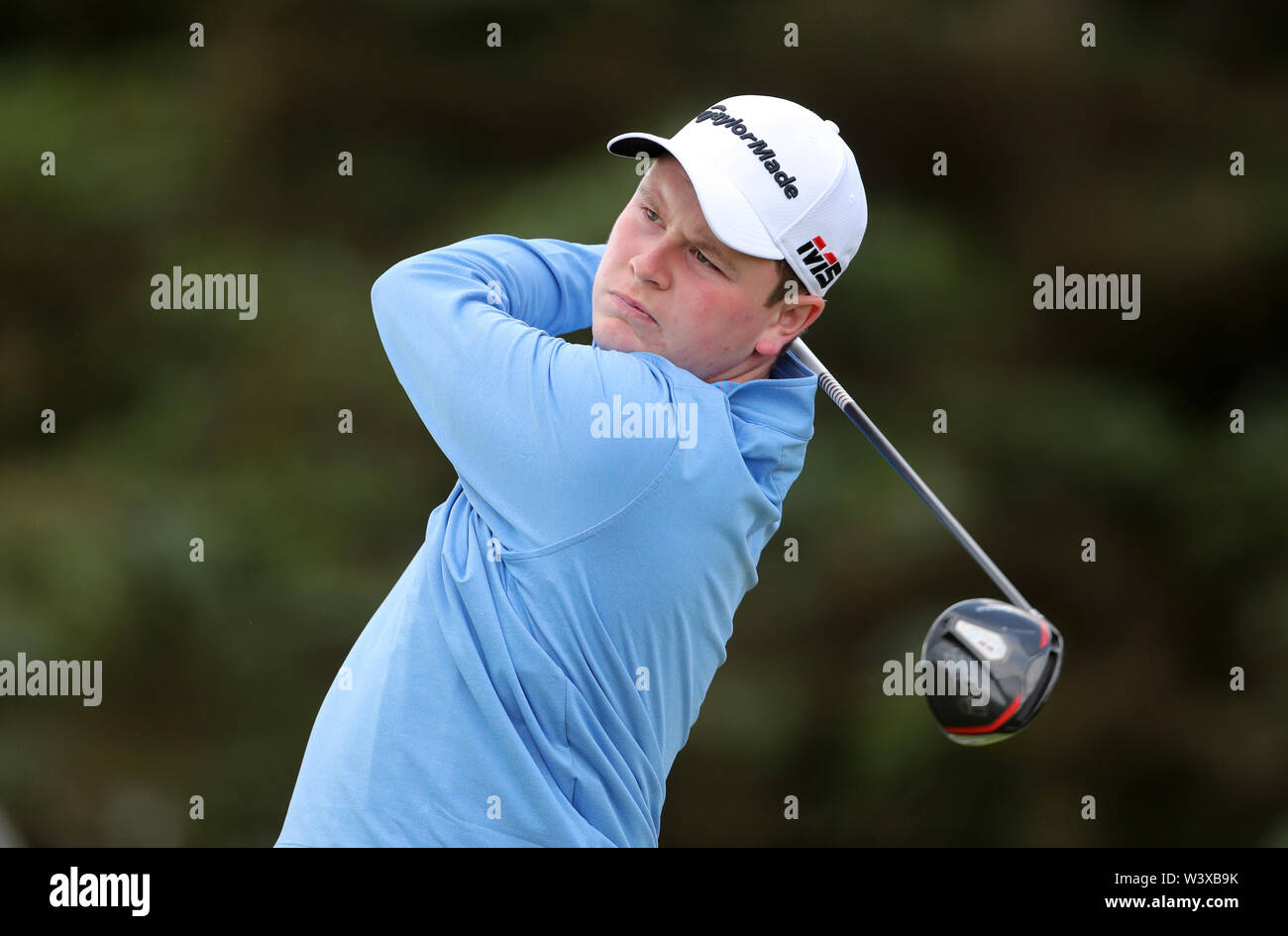 Schottlands Robert Macintyre T-Stücken aus dem 5. Tag eines der Open Championship 2019 im Royal Portrush Golf Club. Stockfoto