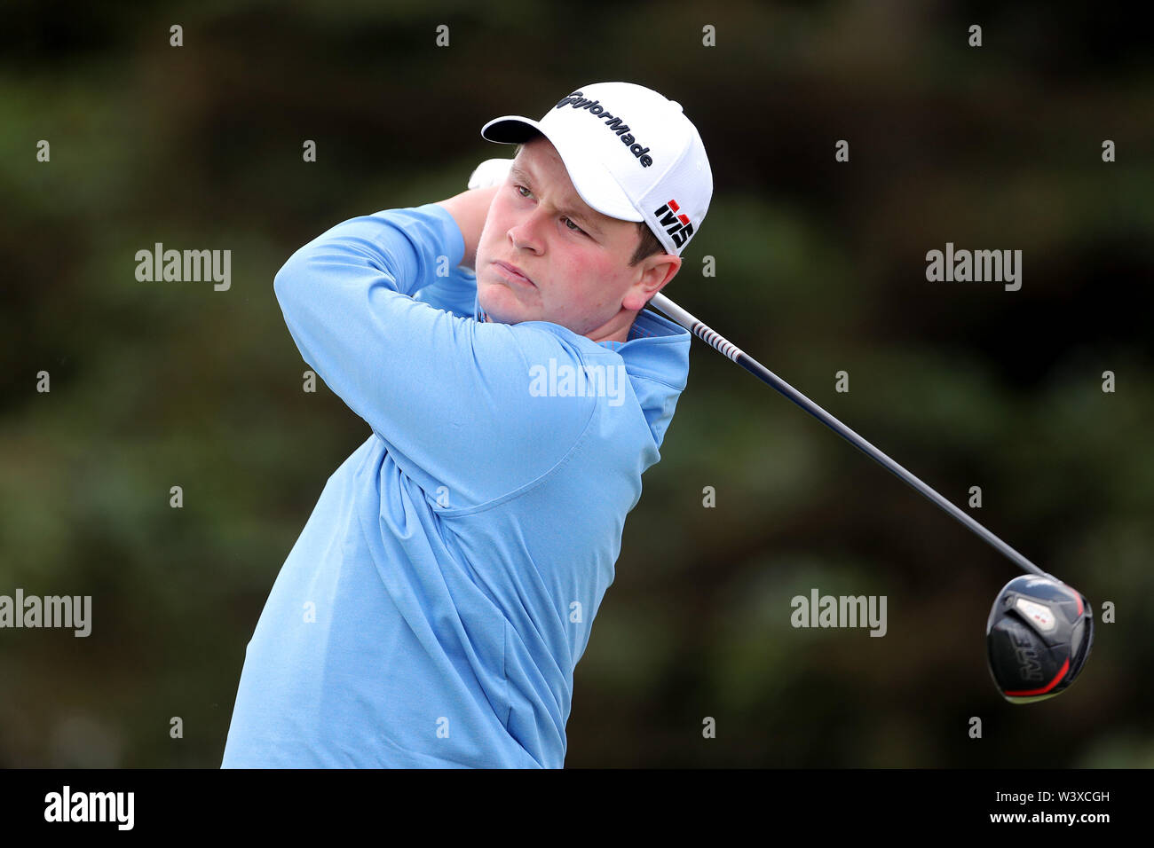 Schottlands Robert Macintyre T-Stücken aus dem 5. Tag eines der Open Championship 2019 im Royal Portrush Golf Club. Stockfoto