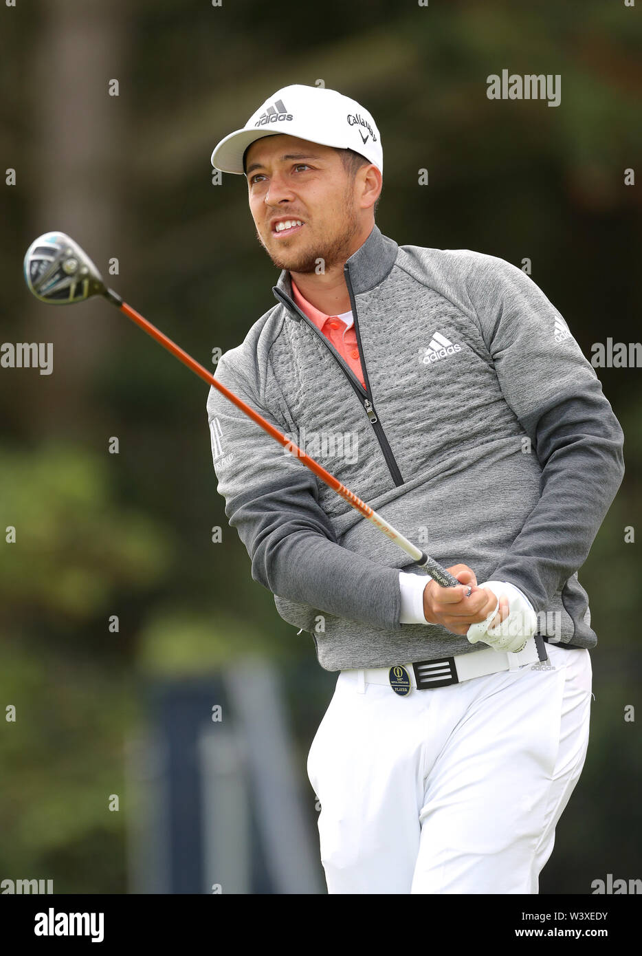 Die USA Xander Schauffele T-Stücken aus dem 5. Tag eines der Open Championship 2019 im Royal Portrush Golf Club. Stockfoto