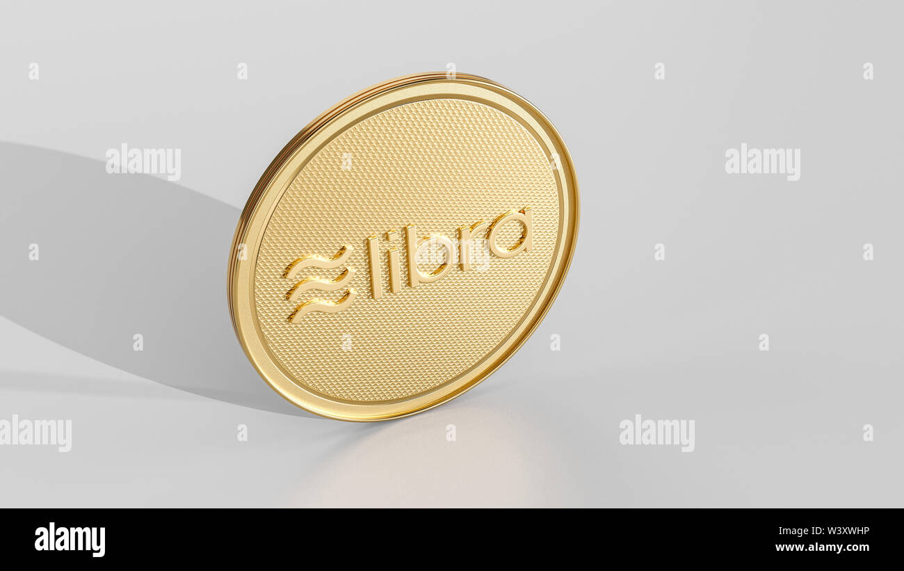 Konzept der goldenen Waage Münze mit Logo auf der Vorderseite. Neues Projekt Digitale crypto Währung Zahlung. 3D-Render Münze isoliert platziert auf einem weißen Hintergrund. Stockfoto