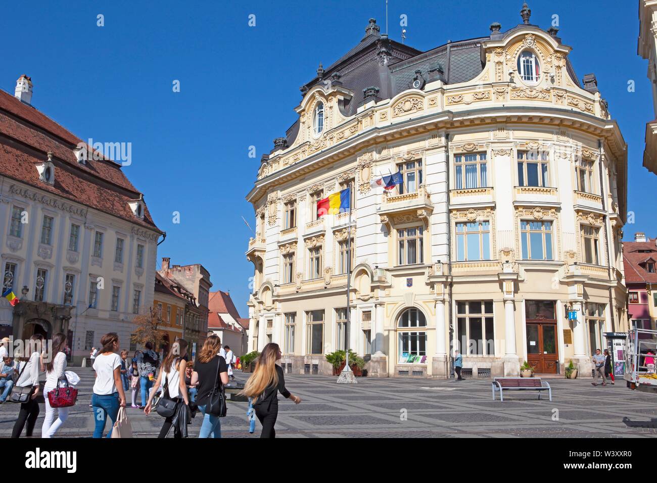 Großen Ring, Marktplatz mit Rathaus, Stadtzentrum, Sibiu, Siebenbürgen, Rumänien Stockfoto