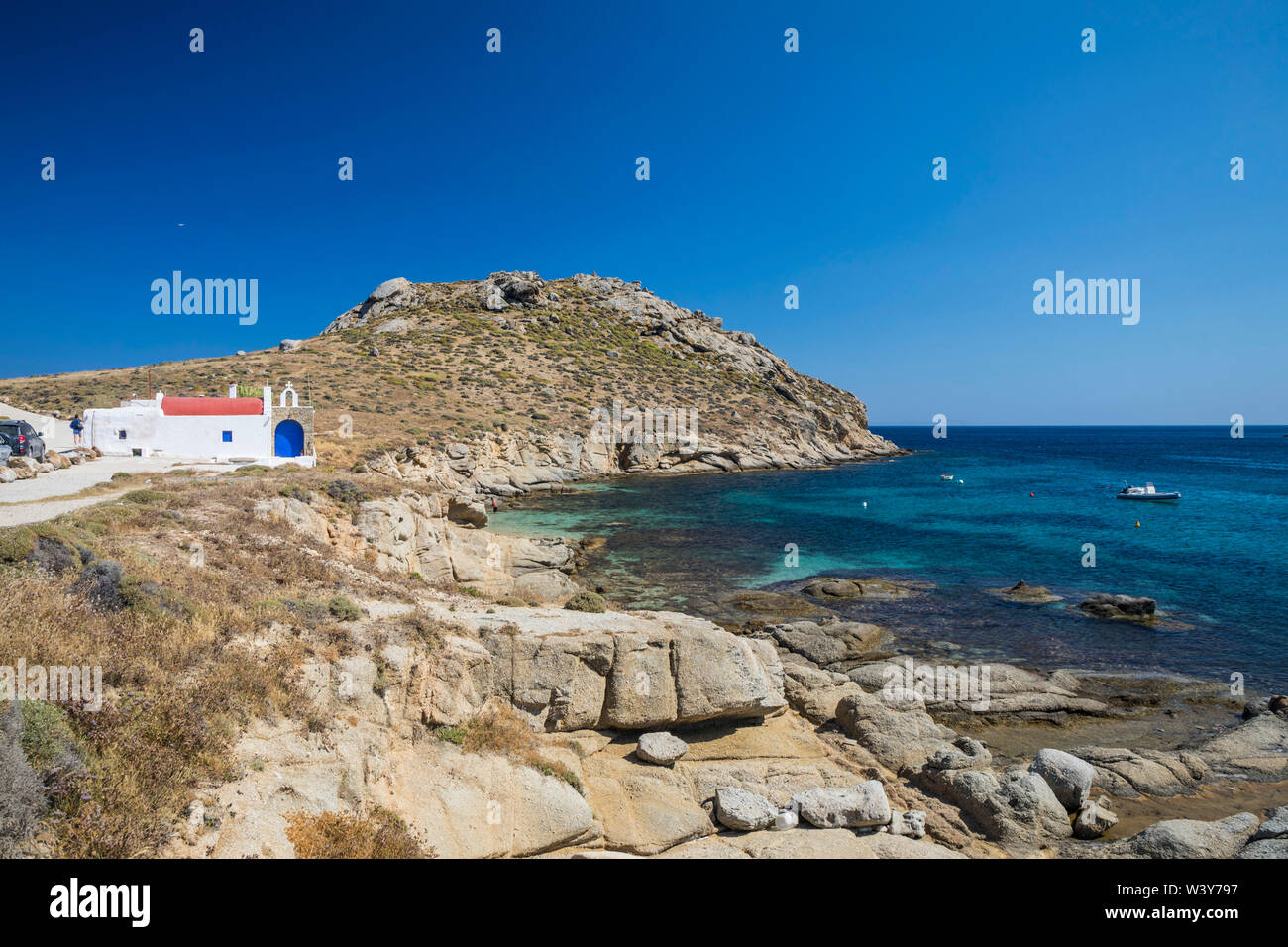 Griechisch-orthodoxe Kapelle, Kalafati Beach, Mykonos, Kykladen, Griechenland Stockfoto